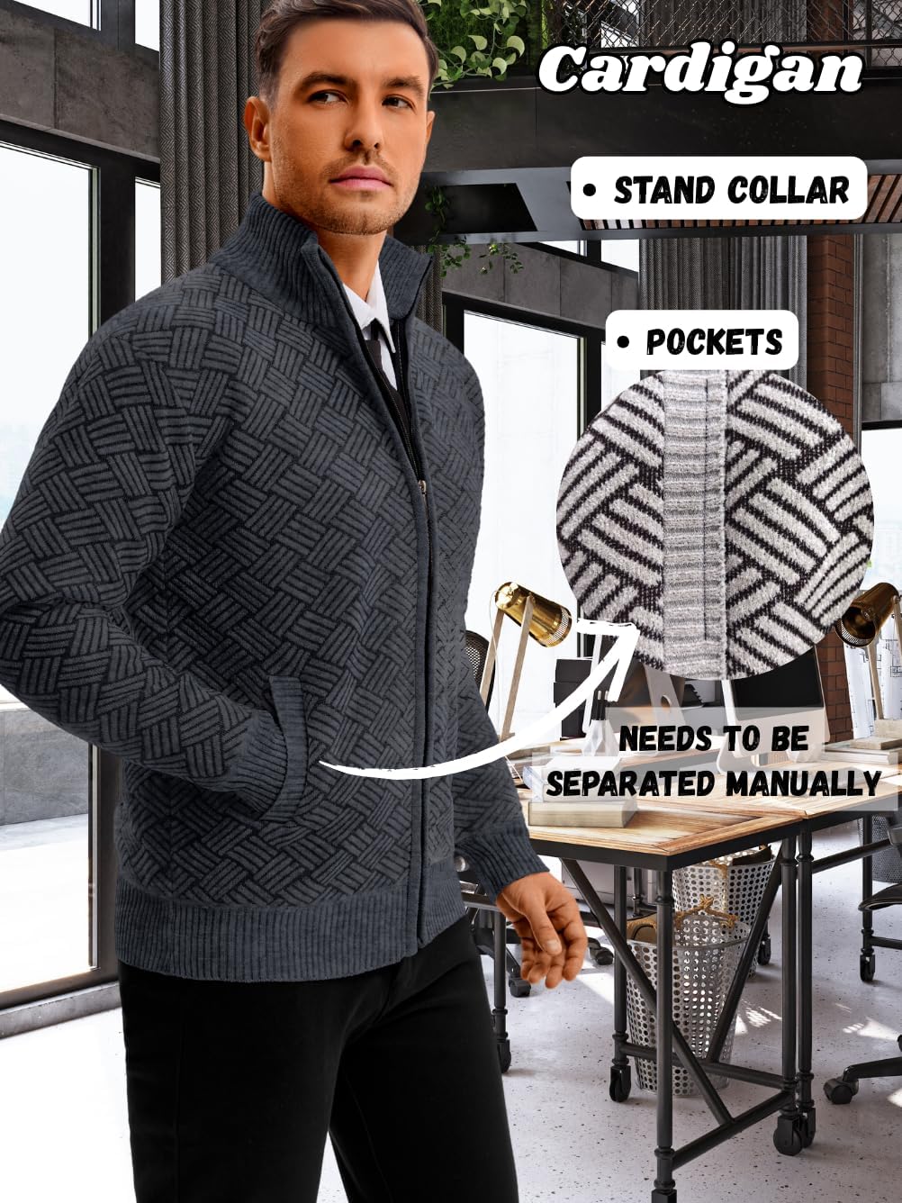 Mens Zip Up Sweater,Textured Fleece-Lined Cardigan Sweaters,Casual Stand Collar Jacket - Image 3