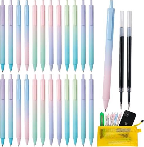 Paquete de 24 bolígrafos de gel retráctiles de tinta negra pastel de 0.020 in de punta fina con escritura suave, agarre cómodo, bolígrafos de gel