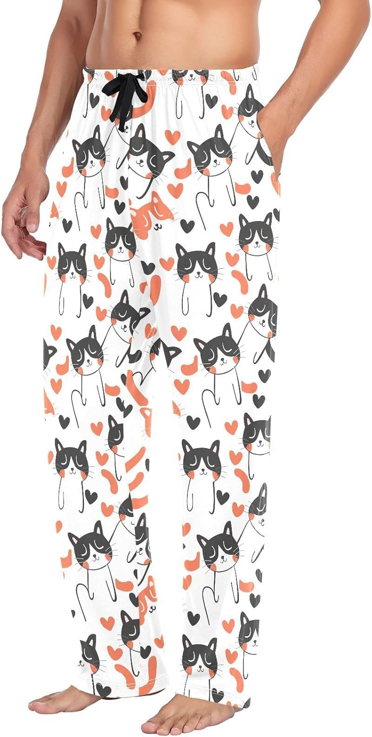ALAZA Cat Heart Cartoon Men's Pajama Pants Men Cotton Pajama Bottoms with Pockets, S