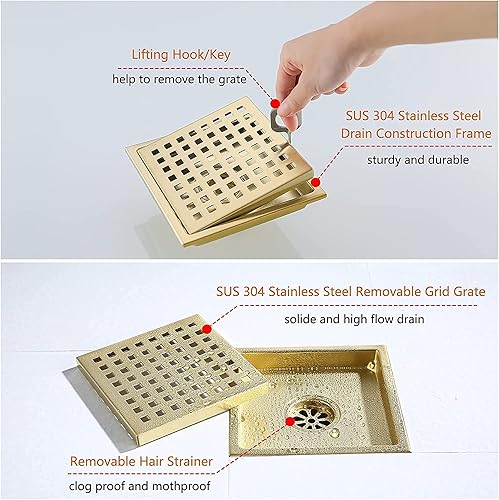 Miniatura 3 de RANDOM Drenaje de Ducha Dorado Cepillado Cuadrado de 6 Pulgadas con Rejilla de Parrilla y Colador de Pelo Removible, Desagüe de Ducha de Acero