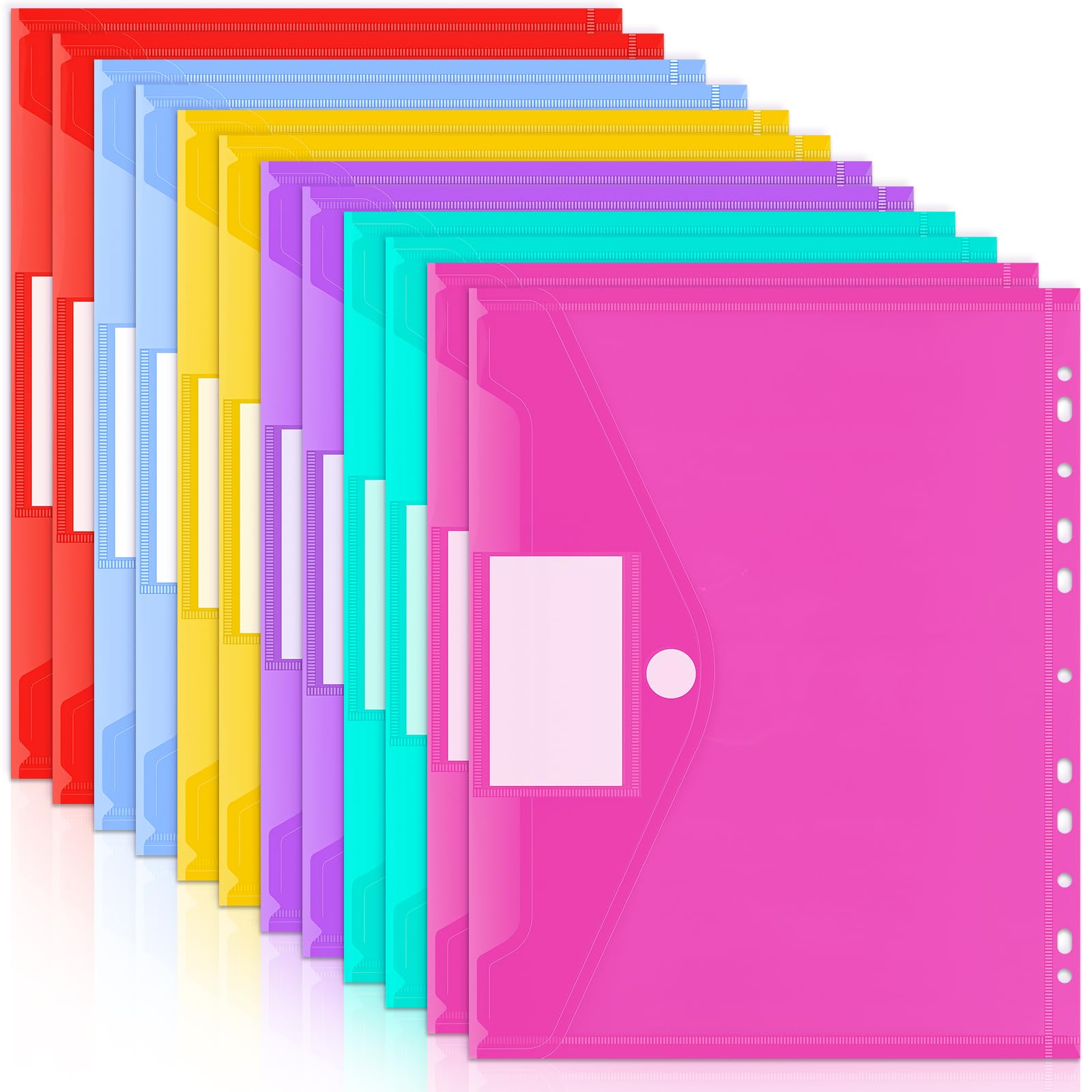 12 Stück Dokumententasche A4, 6 Farben Dokumentenmappe, 11 Löchern Mappen mit Etikettentasche, Wasserdicht Prospekthüllen für Dokumente Organisieren