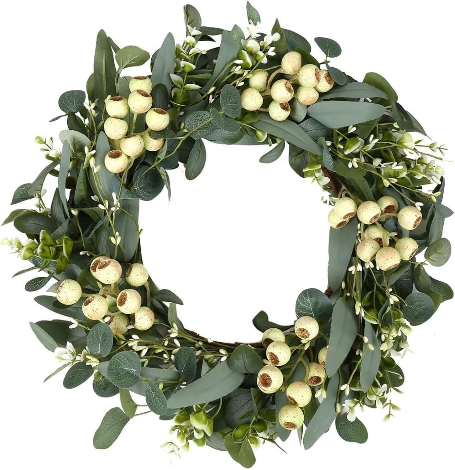 THE WHITE SHOP Artificial Spring Wreath 20 Inch Spring Wreaths for Front Door Green Eucalyptus Wreath with Big Berries for Outside All Seasons Indoor Outdoor Decor
