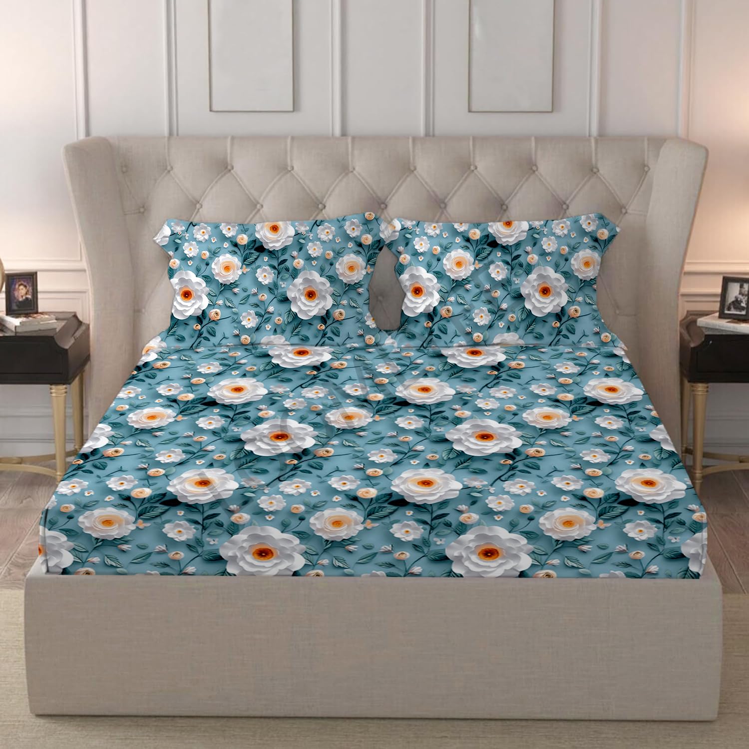 LOOMLYFE 300 TC Microfiber XXL Soft Cotton Super King Size Printed Bedsheet For Double Bed, 108 Inches X 108 Inches, 9 Feet, 275 X 275 Cm With 2 Large Size Pillow Covers - Aquaflowes