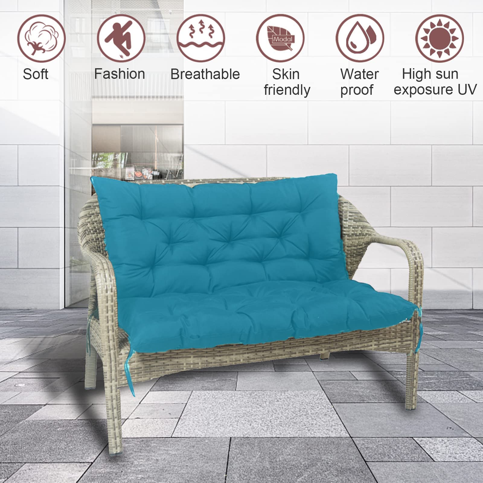 vadmepiop Porch Swing Cushion with Backrest, Outdoor Bench Cushion 2-3 Seater Waterproof Thicken Swing Replacement Cushions,for Garden Recliner Patio Furniture Cushion (Lake Blue, 60x40in)