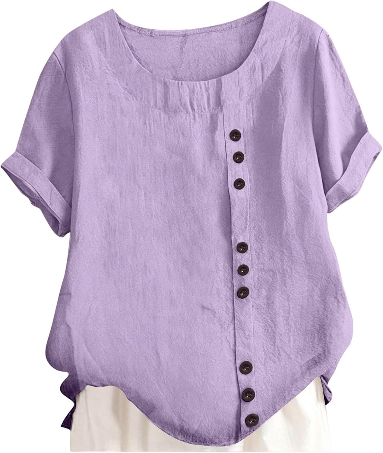 Girls Cotton Linen Shirts Crew Neck Rolled Short Sleeve Button Tops Teen Summer Lightweight Oversized Casual Loose