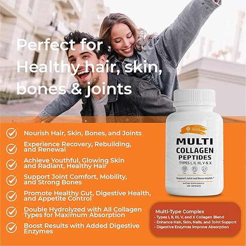 Miniatura 2 de SIRUNES Cápsulas de Péptidos de Colágeno Múltiple - Sin OGM y Sin Gluten Tipo I, II, III, V, X Suplementos de Colágeno Hidrolizado con Vitamina C -