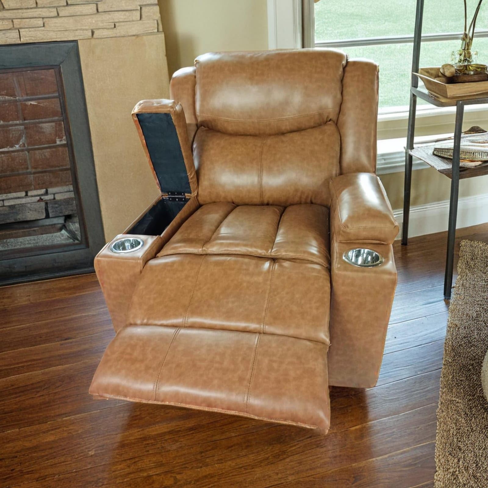 Taxzek Leather Single Recliner Chair Sofa with Cup Holders, Headrest, Footrest, Storage Console, Camel Brown for Living Room, Gaming, Office.-image-25