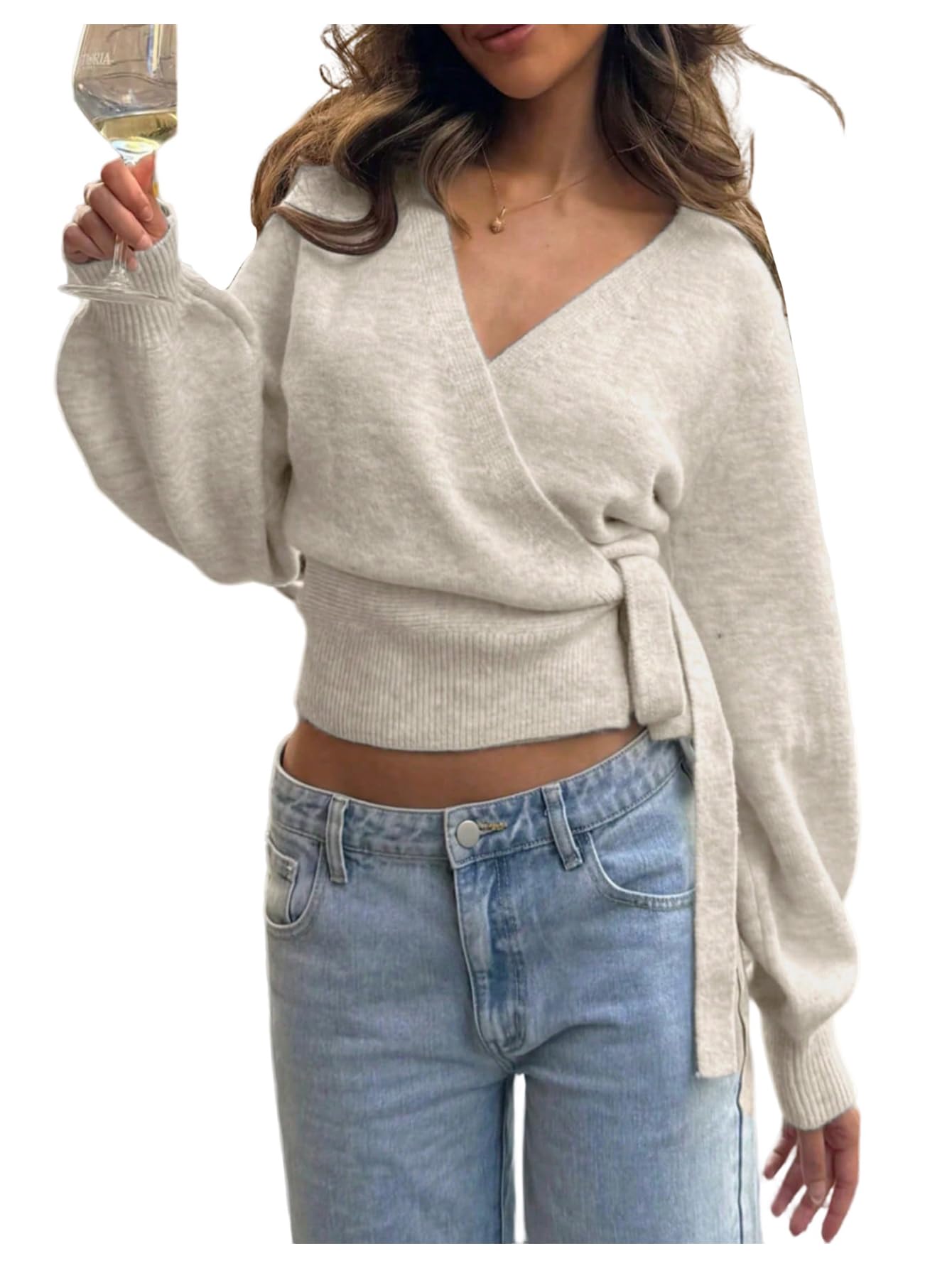 MakeMeChic Womens Cropped Sweaters Winter Wrap Christmas Sweater V Neck Tie Front Long Sleeve Knit Tops