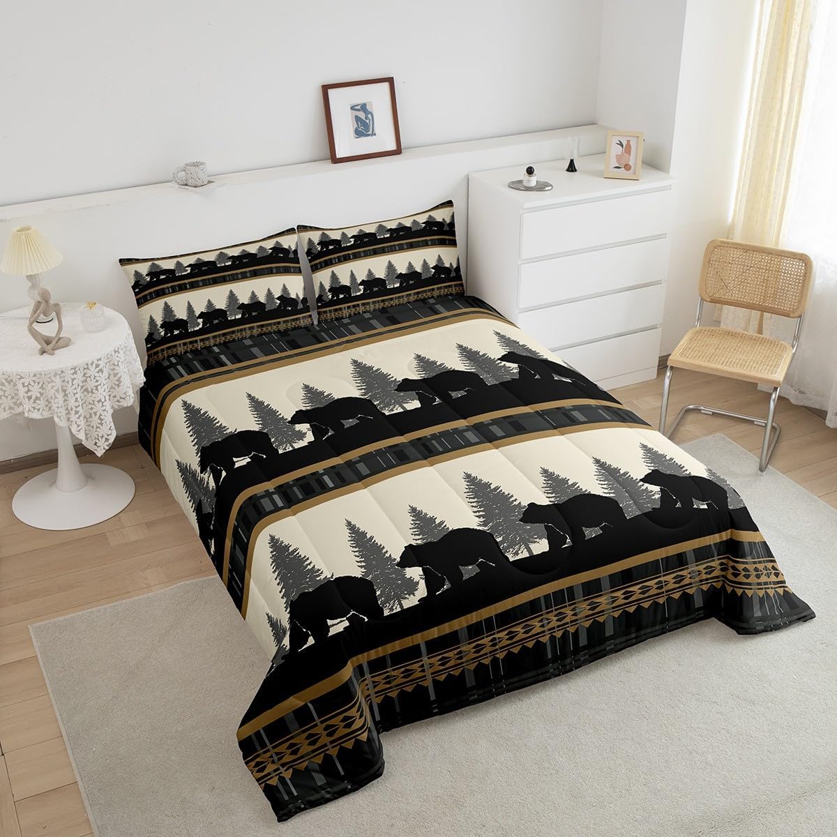 Feelyou Bear Bedding Set Boys Wild Animal Comforter Set for Kids Teens Nature Wildlife Bear Bedding Set Botanical Tree Farmhouse Exotic Style Brown Duvet Set Room Decor Quilt Set 3Pcs Full Size