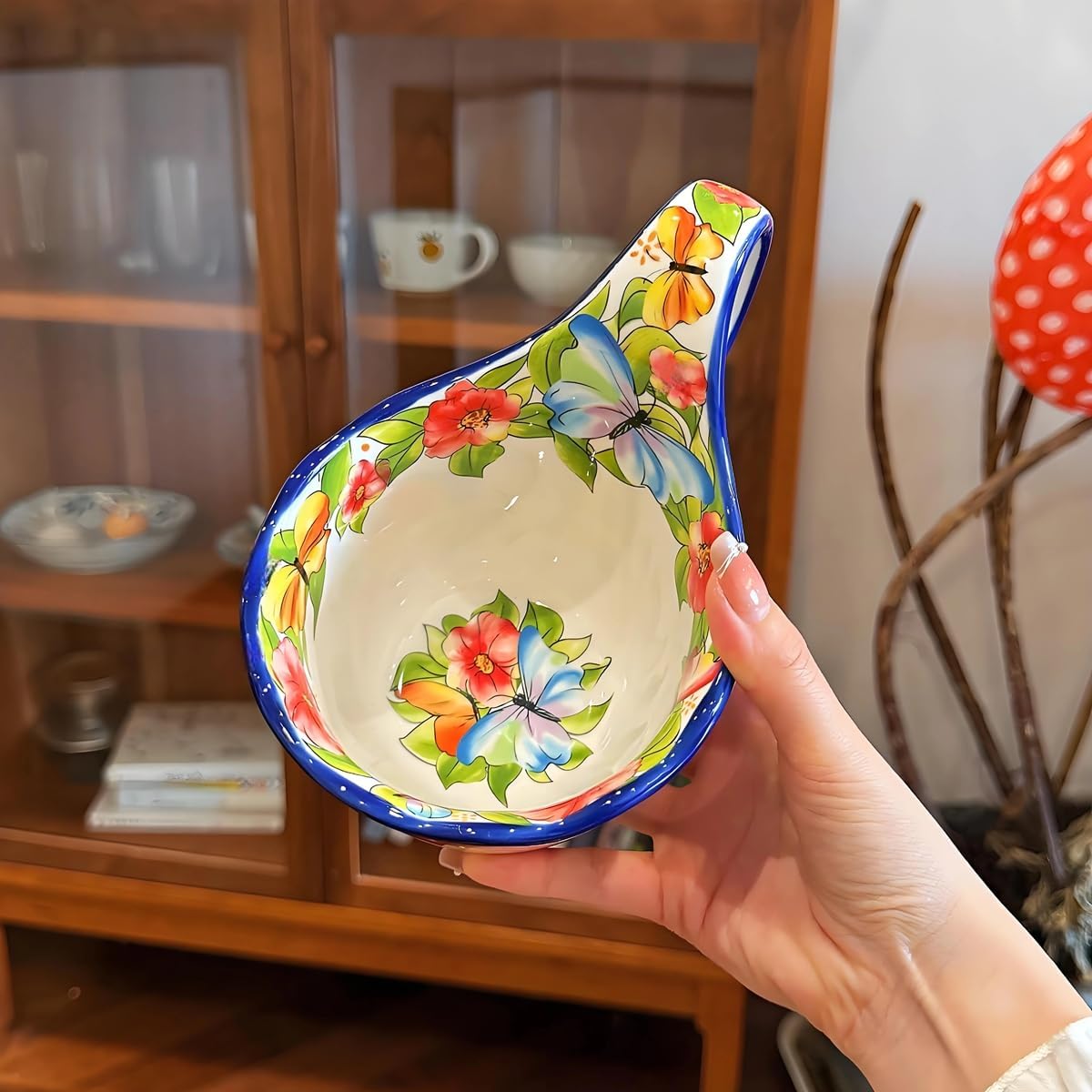 Microwavable Soup Bowl with Handle, Hand Painted Butterflies whisper Decorative Soup Bowls with Handles, Ceramic Soup Bowl with Spoon for Holding Fruits Cereal Snack, Chili, Ice Cream, Stew and Salsa.