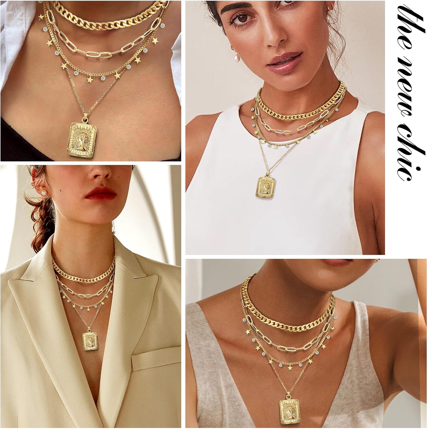 MJartoria Gold Layered Necklaces for Women Trendy Retro Square Pendant Necklace Dainty Chunky Chain Choker Necklaces for Jewelry Birthday Gifts - Image 4