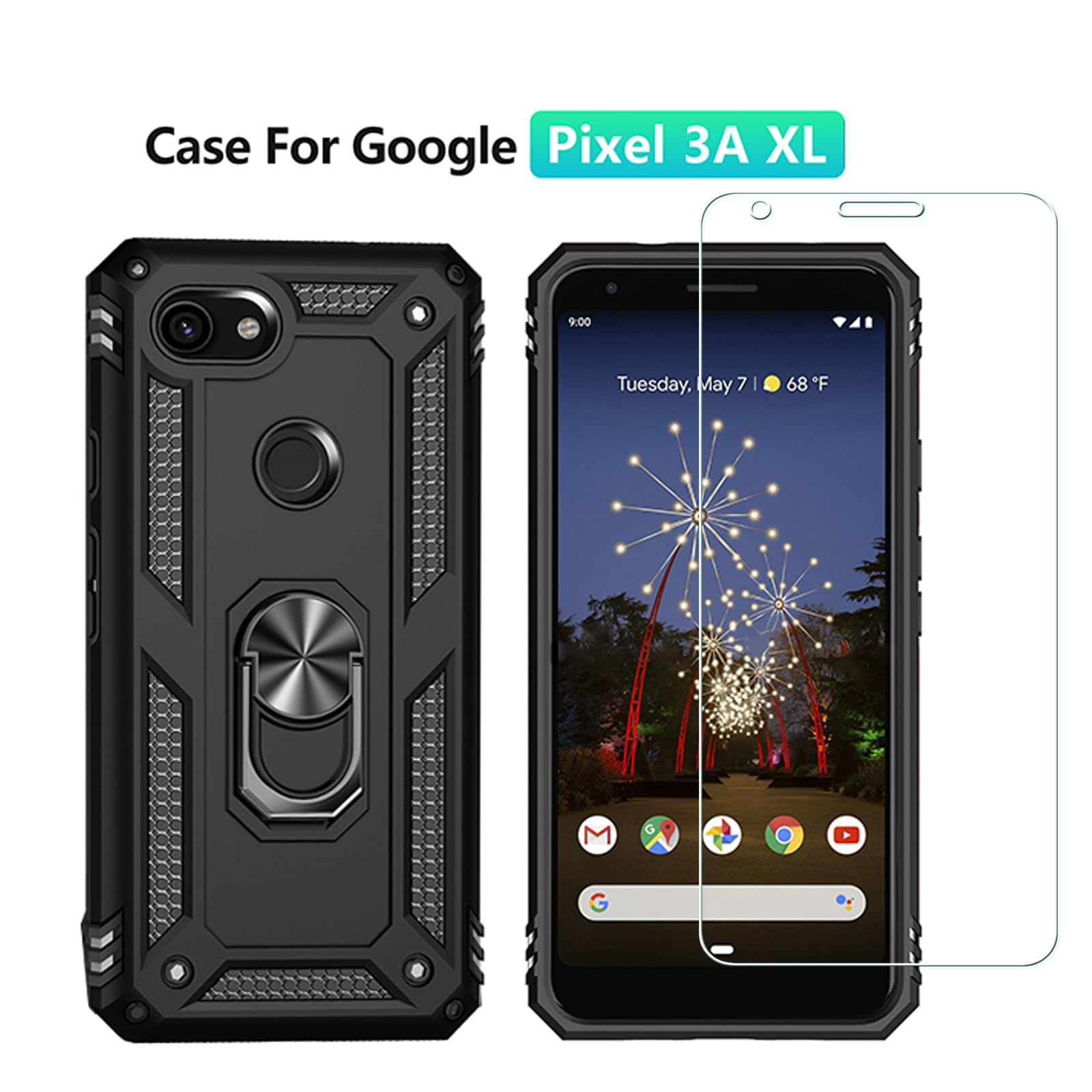 for Google Pixel 3A XL (NOT Fit 3A) Case with [2 Pack] Tempered Glass Screen Protector, for Google Pixel 3A XL Heavy Duty Armor [Military-Grade] Protective，Magnetic Ring Stand Phone Case (Black)