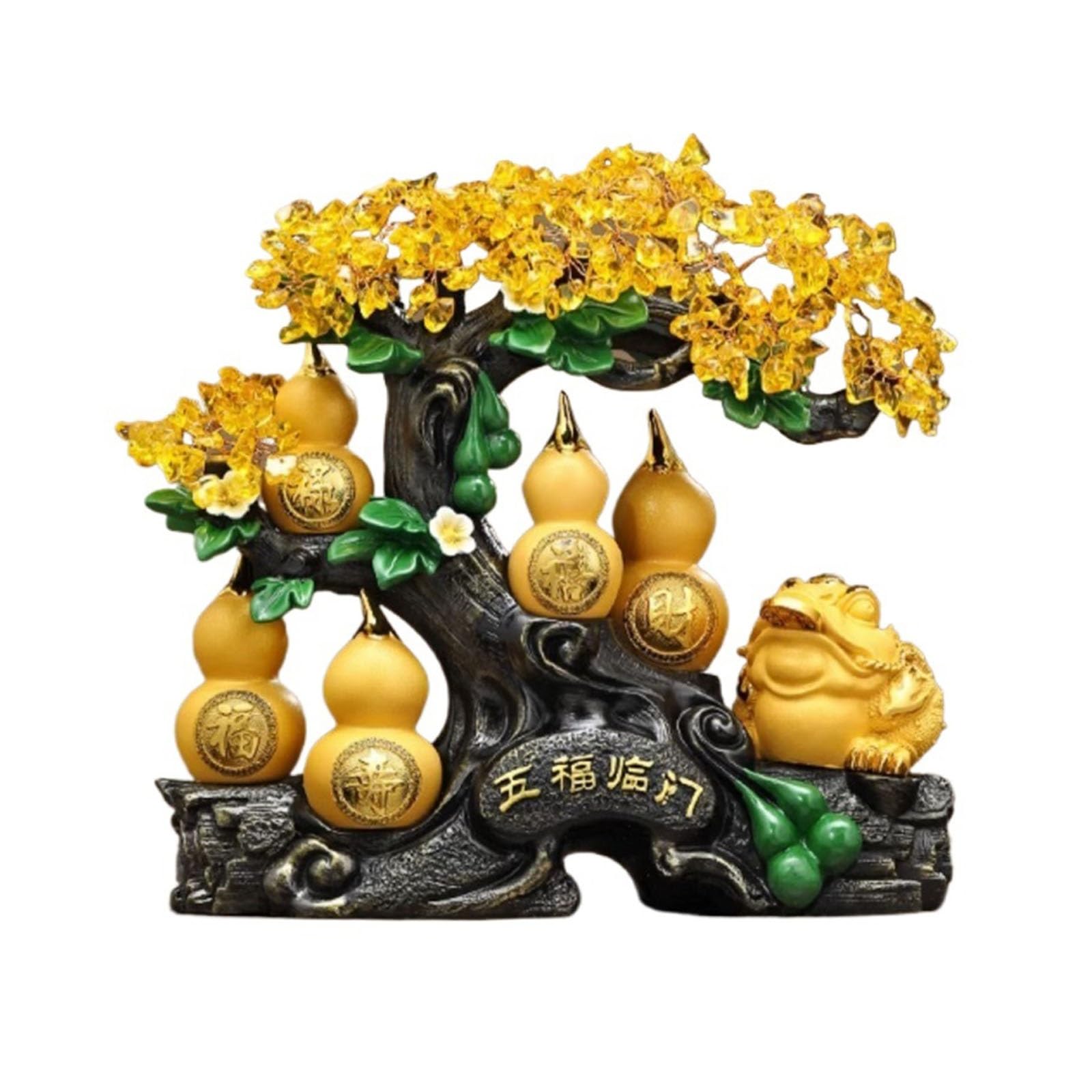 Element dekoracyjny Drzewko na pieniądze z cytrynem ze złotą butelką dyni i żabą na pieniądze, dekoracja stołu w stylu Feng Shui Bonsai – idealne do gospodarki energetycznej, bogactwa, szczęścia