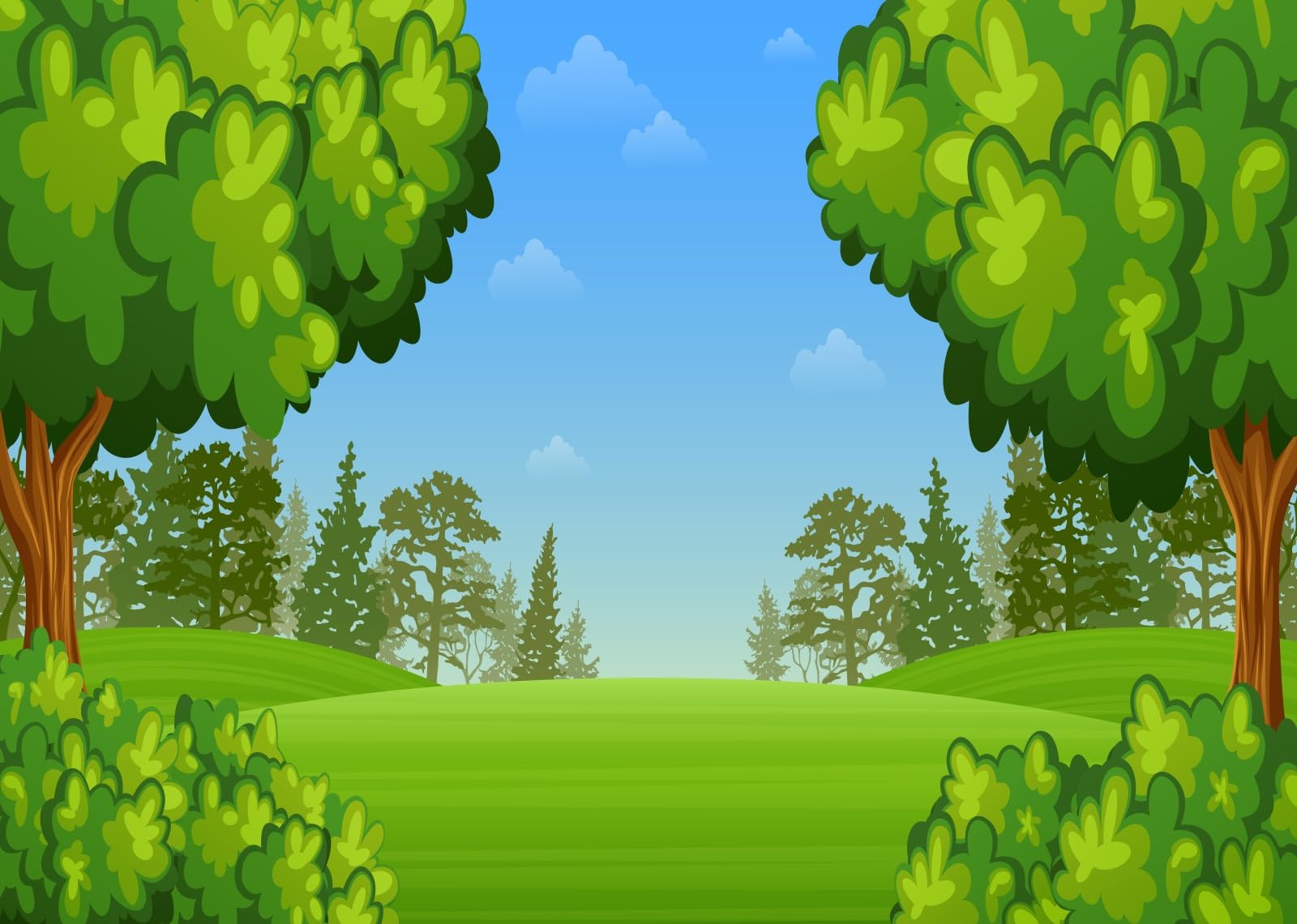Cartone animato Foresta Sfondo 6,1x3 m Fiaba Infantile Foresta Sfondo Blu Cielo Verde Prato Paesaggio Estivo Scuola Asilo Evento Sfondo Baby Shower Compleanno Forniture