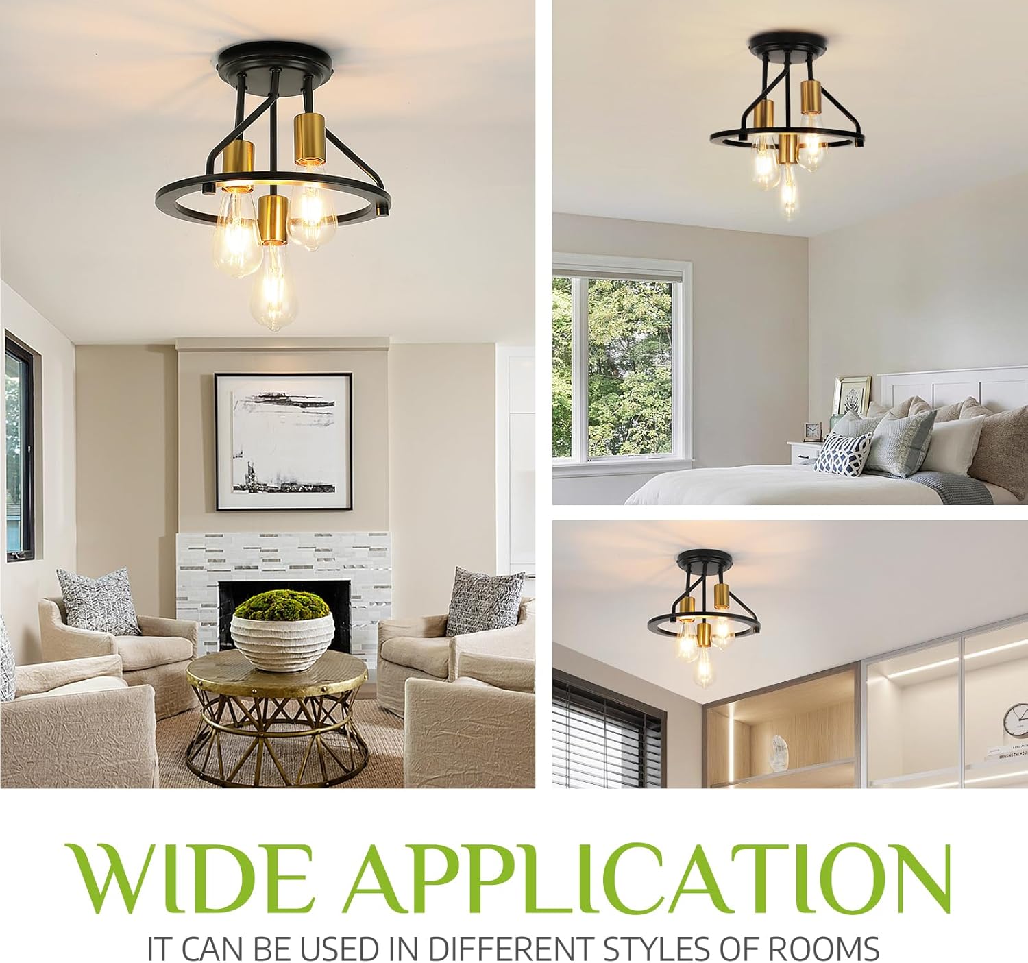 WILON Semi Flush Mount Ceiling Light 3-Light Ceiling Light Fixtures - Industrial Hallway Light Fixtures Black Gold Farmhouse Kitchen Light E26 Socket Ceiling Lamp for Hallway Kitchen Foyer