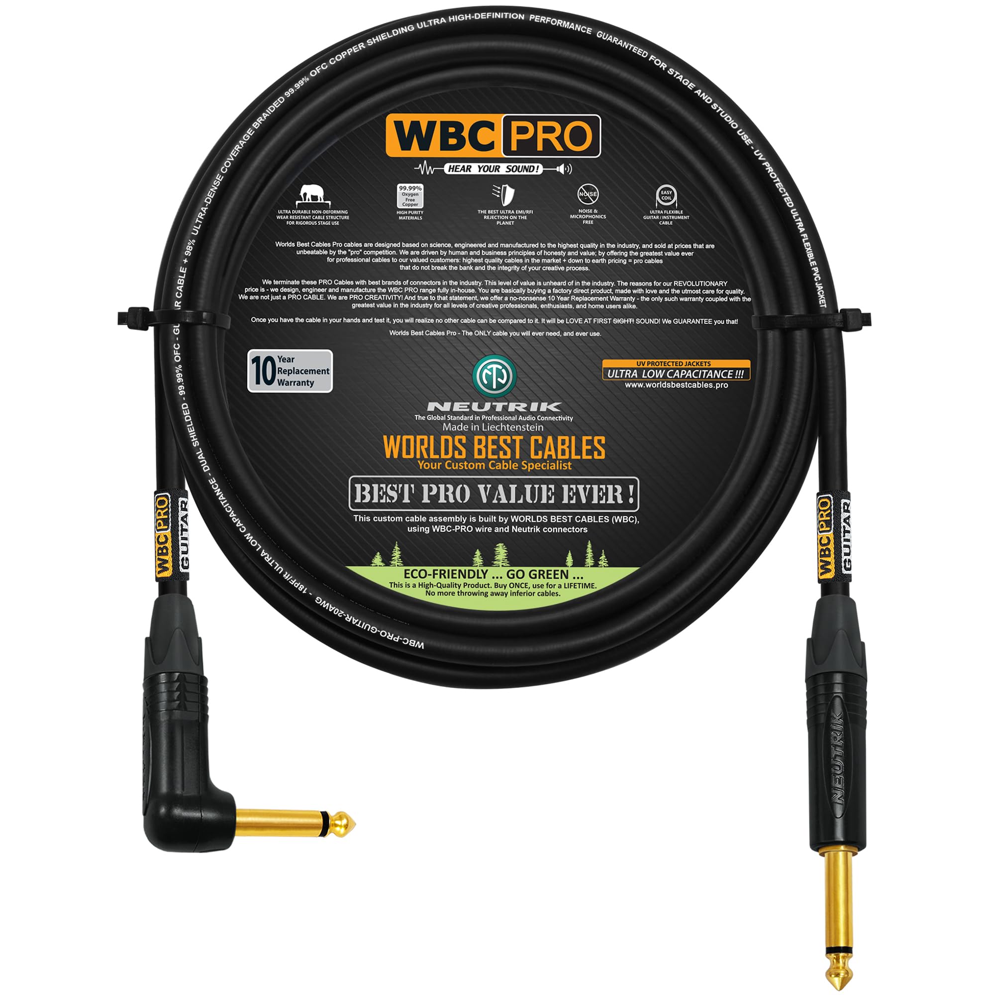WBC-PRO-Guitarra de 15 pies, 20 AWG, tapa baja (18 pF/pie), grado profesional, a base de grafito, cable de guitarra de doble blindaje, bajo, instrumento con conectores Neutrik recto a ángulo de 6,35