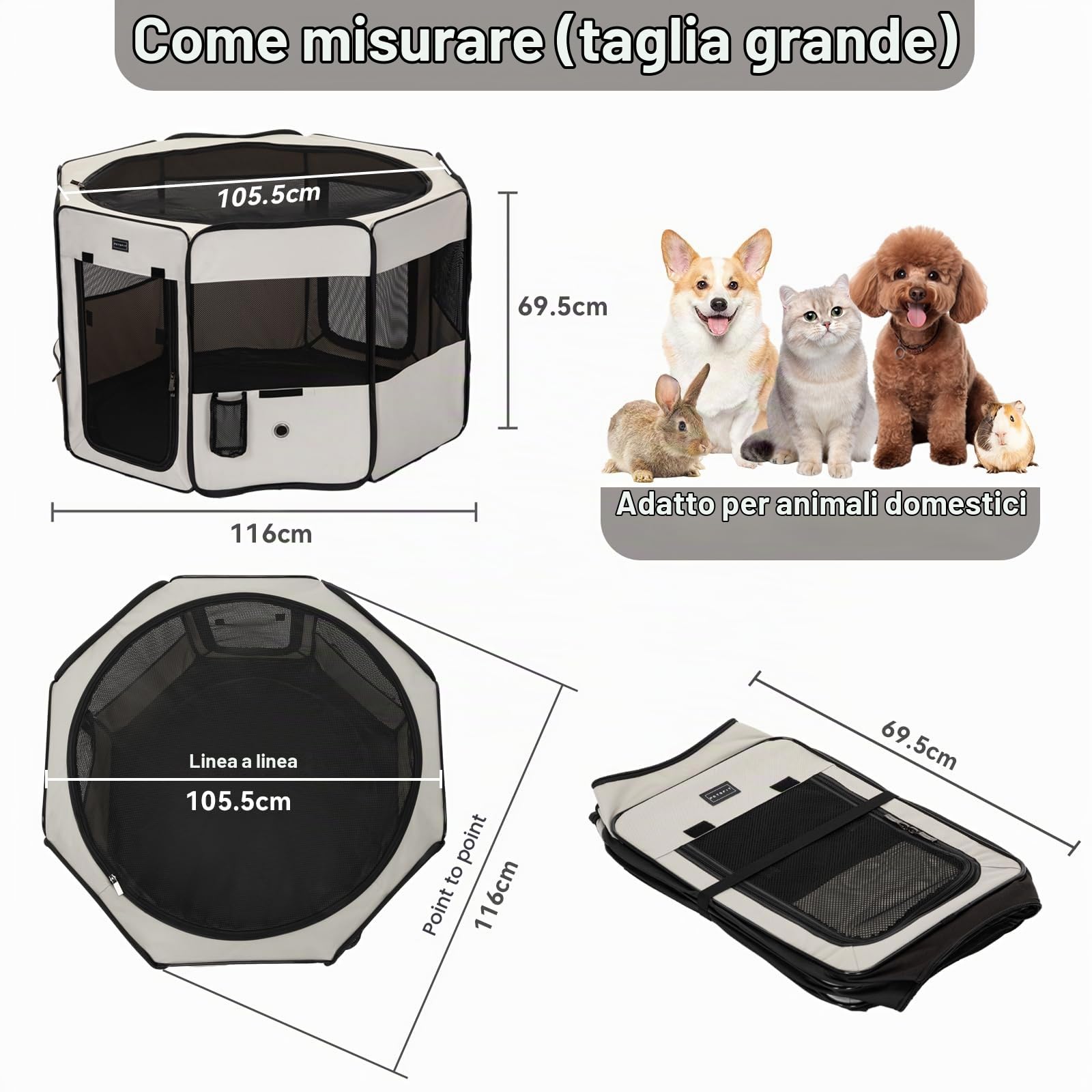 PETSFIT Recinto per Cani pieghevole, con Coperchio rimovibile, Cuccia per Animali con Pavimento impermeabile in Tessuto, Bianco, 116 * 106 * 70CM