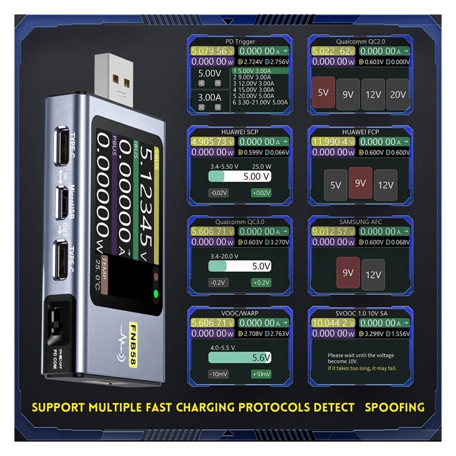 Tester USB FNB58 Tester USB cyfrowy miernik napięcia prądu typu C wielofunkcyjne testery szybkiego ładowania QC/PD woltomierz amperomierz detektor(Bluetooth FNB58)