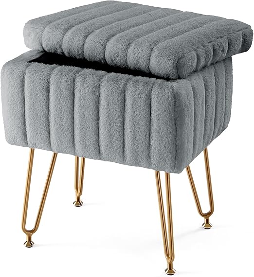 Sweetcrispy Vanity Stool Chair with Storage, 18.9”H x 16”L x 12.2”W Ottoman Chair Faux Fur Soft Padded Makeup Footstools Seat with 4 Metal Legs Anti-Slip Adjustable Feet for Make Up, Grey