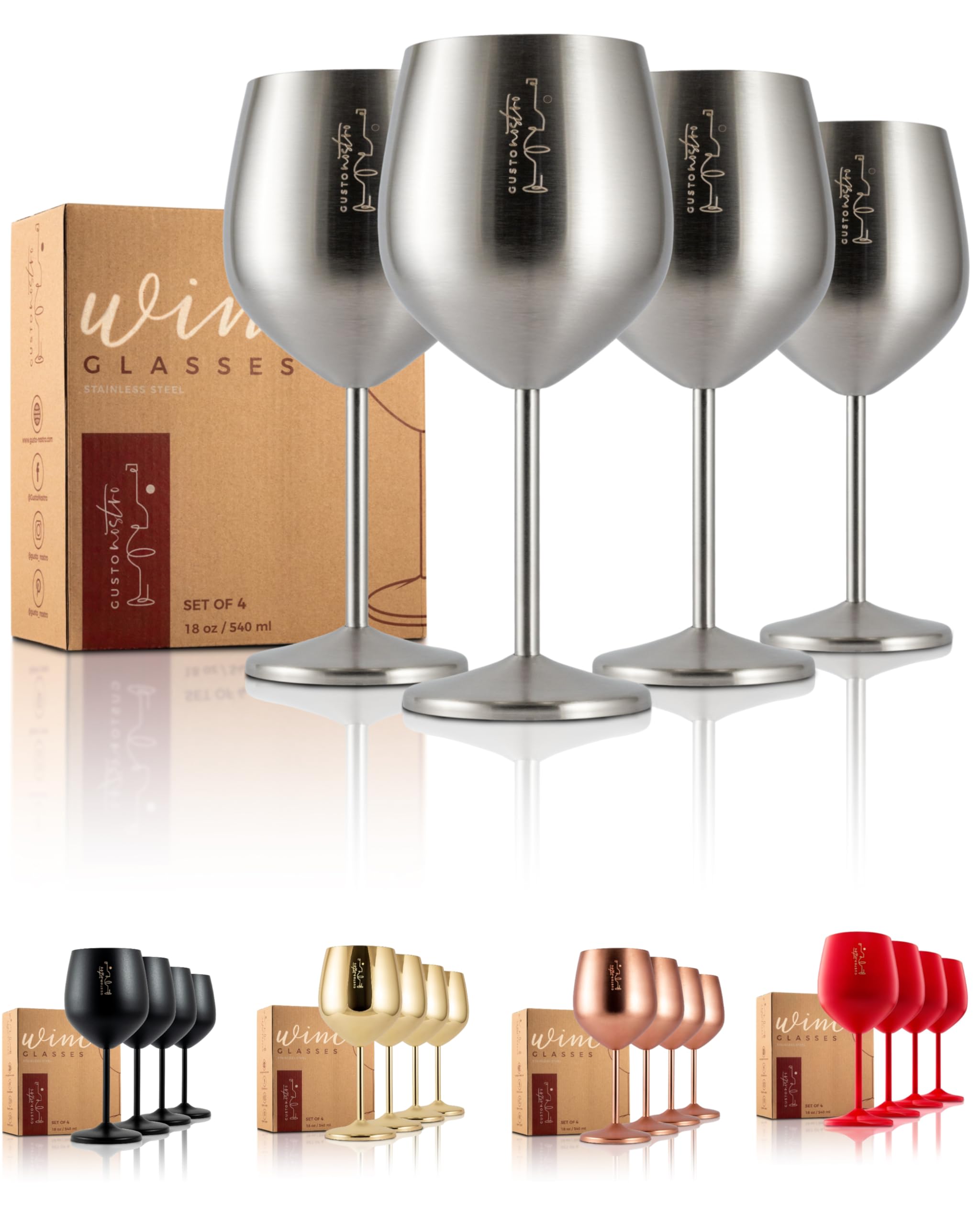 Gusto Nostro Weinglas mit Stiel aus Edelstahl - Unzerbrechliche Kelche mit 540 ml - Elegantes Trinkgeschirr in Silber für Champagner und Cocktails (4er Pack)