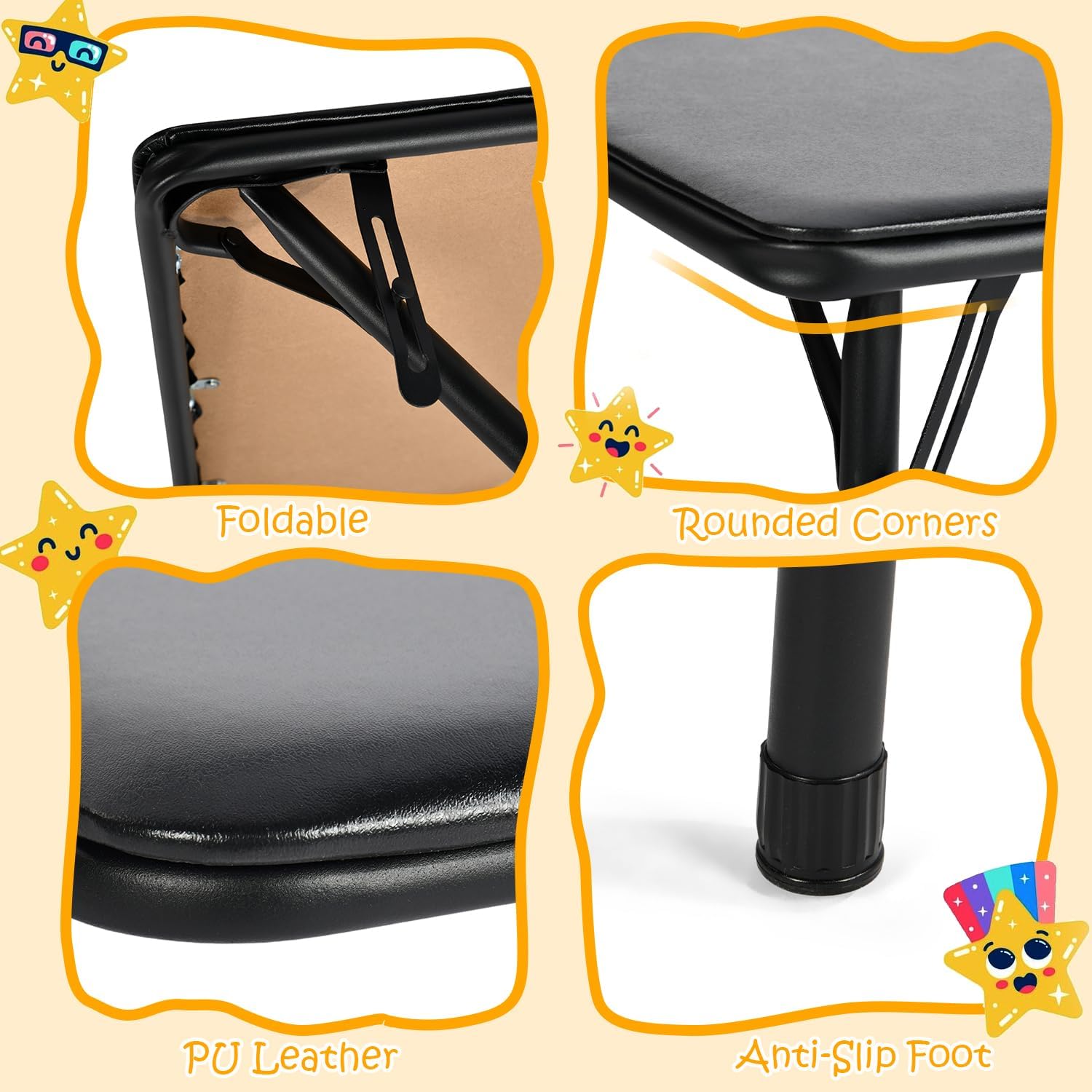 FurnitureR Kids 5-Piece Folding Square Table and Chair Set, Toddler Dining/Studying/Playing/Drawing Set Ideal for Daycare and Classrooms, Children's Activity Set, Black