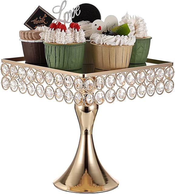 SUMNACON Gold Metal Cake Display Stand Cake Holder Pedestal with Square Mirror Top Plate, 20cm Dessert Stand Cupcake Stand with Crystal Beads for Wedding Party Birthday Party