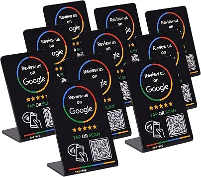 Google Review Stand by TapFive Tap to Review NFC Tap & QR Code Sign for Restaurants, Salons, Retail & Front Desks | QR Code Stand | No Monthly Fees Black, 10 Stands