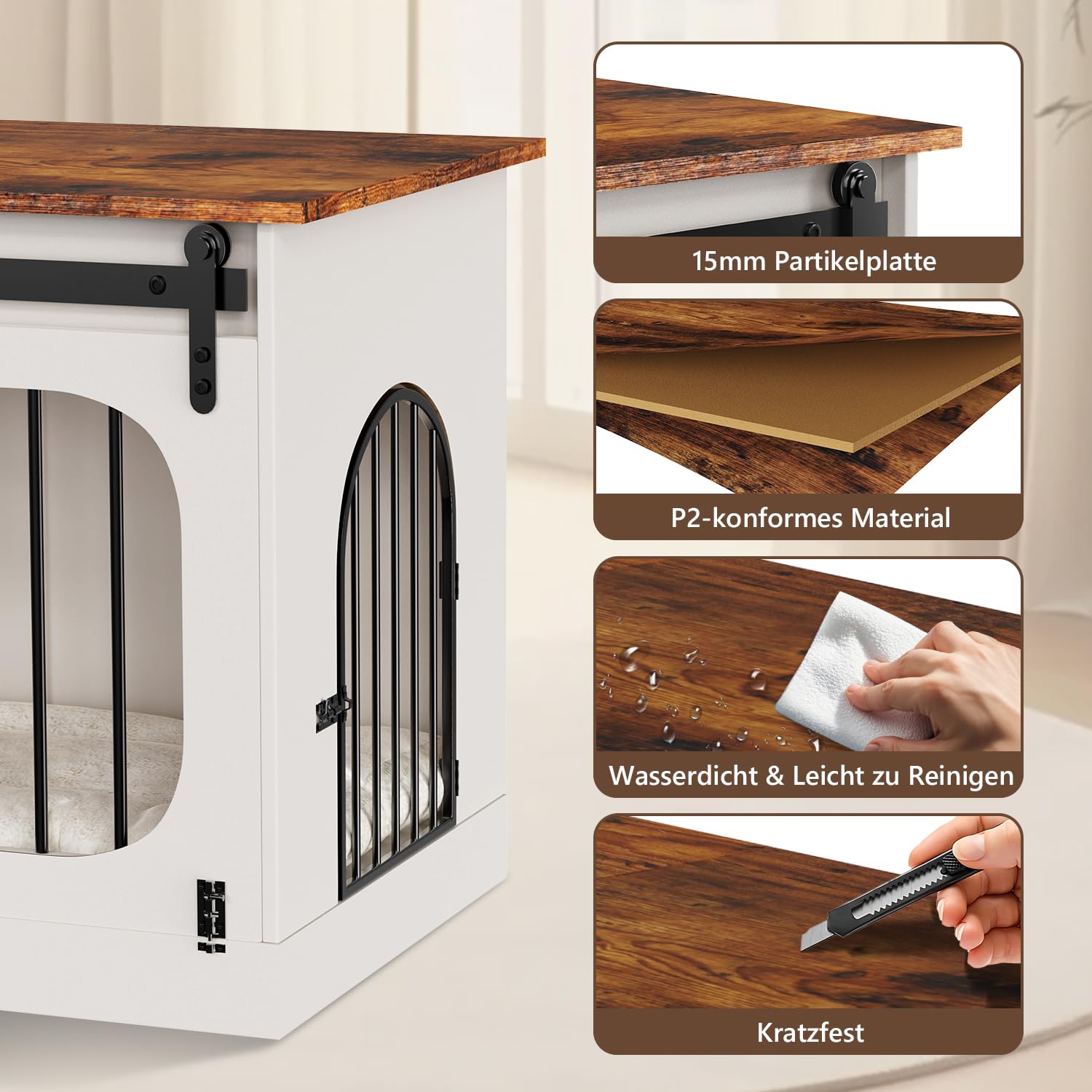 Hundebox für Zuhause 100cm, XL Hundekäfig Möbel mit 3 Schiebetüren & Hundematte, Moderne Hundehütte Holz für Kleine Mittlere Große Hunde, 100x60x69cm, Weiß & Braun