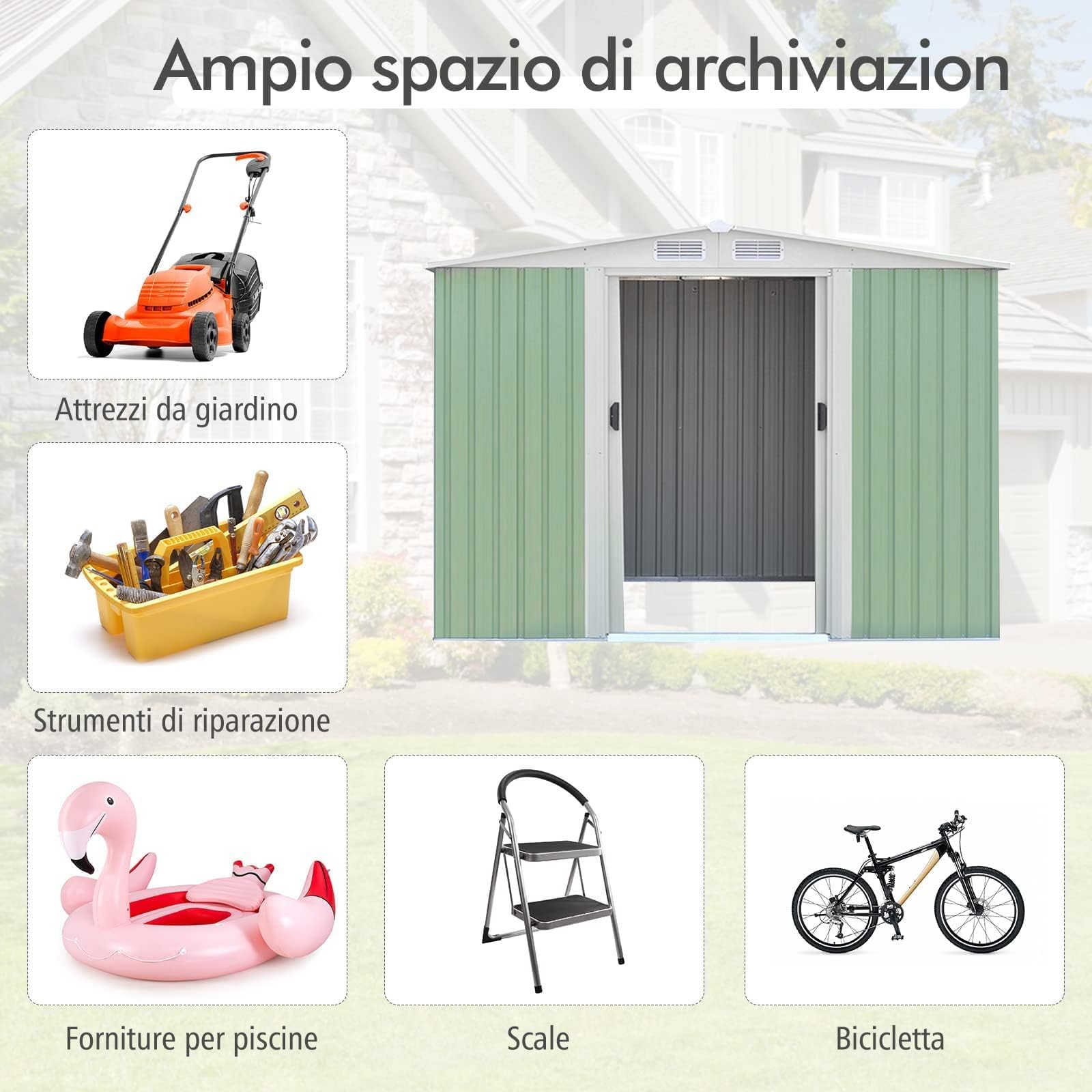 RELAX4LIFE Casetta da Giardino 5.26 m² 9.246 m³, 257x205x175,5 cm, in Lamiera d'Acciaio con 2 Porte Scorrevoli e 4 Sfoghi, Tetto Inclinato, per Porta Attrezzi, Tosaerba
