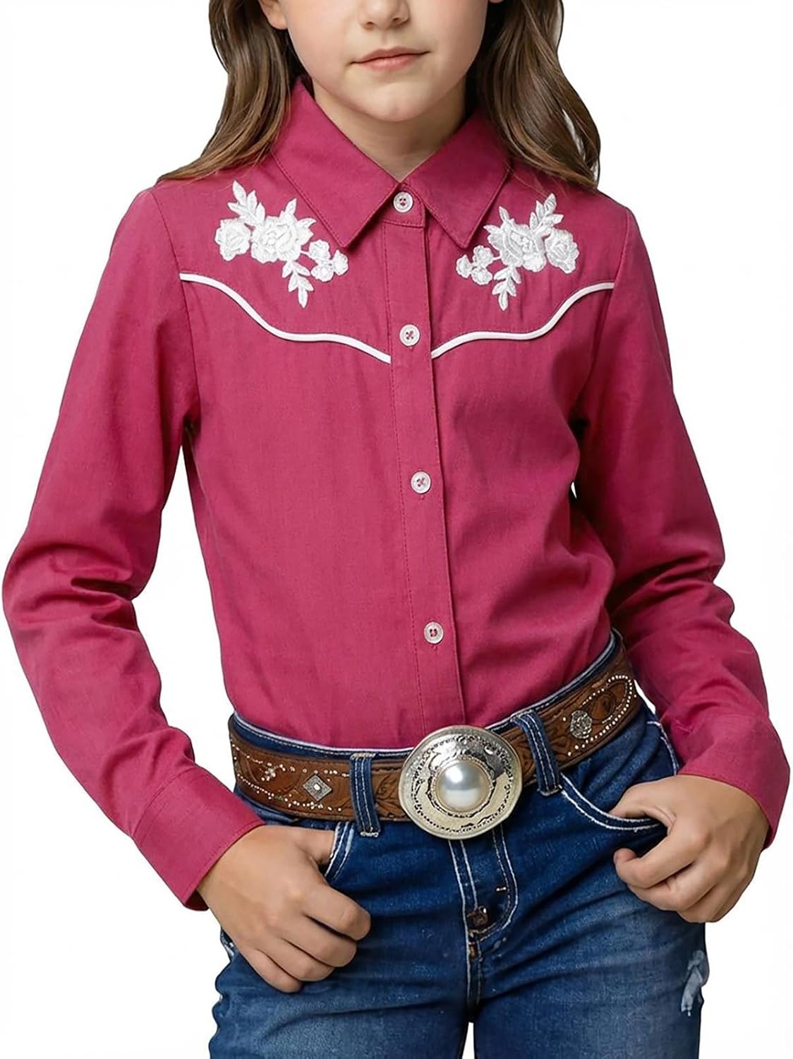 Girls Retro Long Sleeve Button Down Shirts Cowgirl Western Shirt Embroidery Blouse Tops