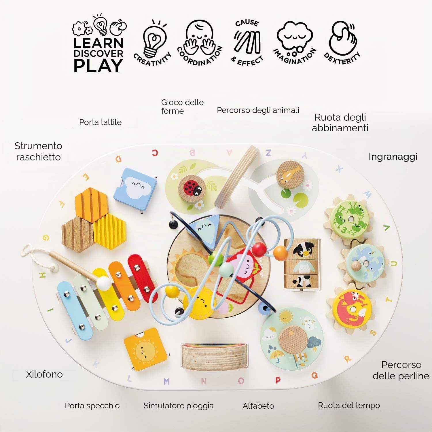 Le Toy Van - PL137 - Tavolo multiattività per Bambini, Adatto dai 18 Mesi, Tavolo multigioco Montessori, Gioco Ecologico, Giochi sensoriali, 12 attività, in Legno Certificato FSC, Petilou