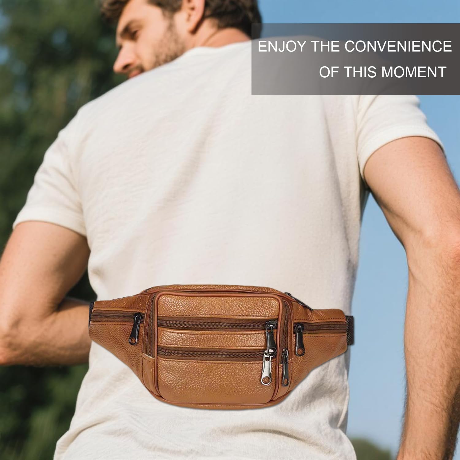 Leather Fanny Pack For Men & Women Belt Bag With Adjustable Waist Belt, Lightweight Fanny Pack Comes With Multiple Zippered Pockets Easy Carry Any Phone,Wallet (Reddish brown) - Image 3