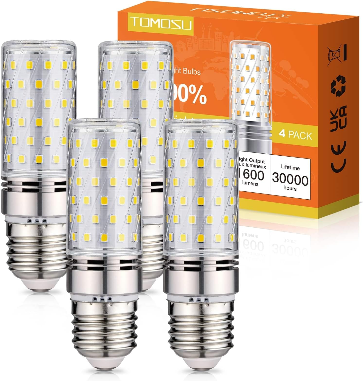 Tomosu E27 LED Light Bulb Cool White 6000K 1600LM 16W E27 Equivalent 150W Halogen Lamp AC 220-240V Non-Dimmable Large Screw E27 Corn LED Light Bulbs, Pack of 4