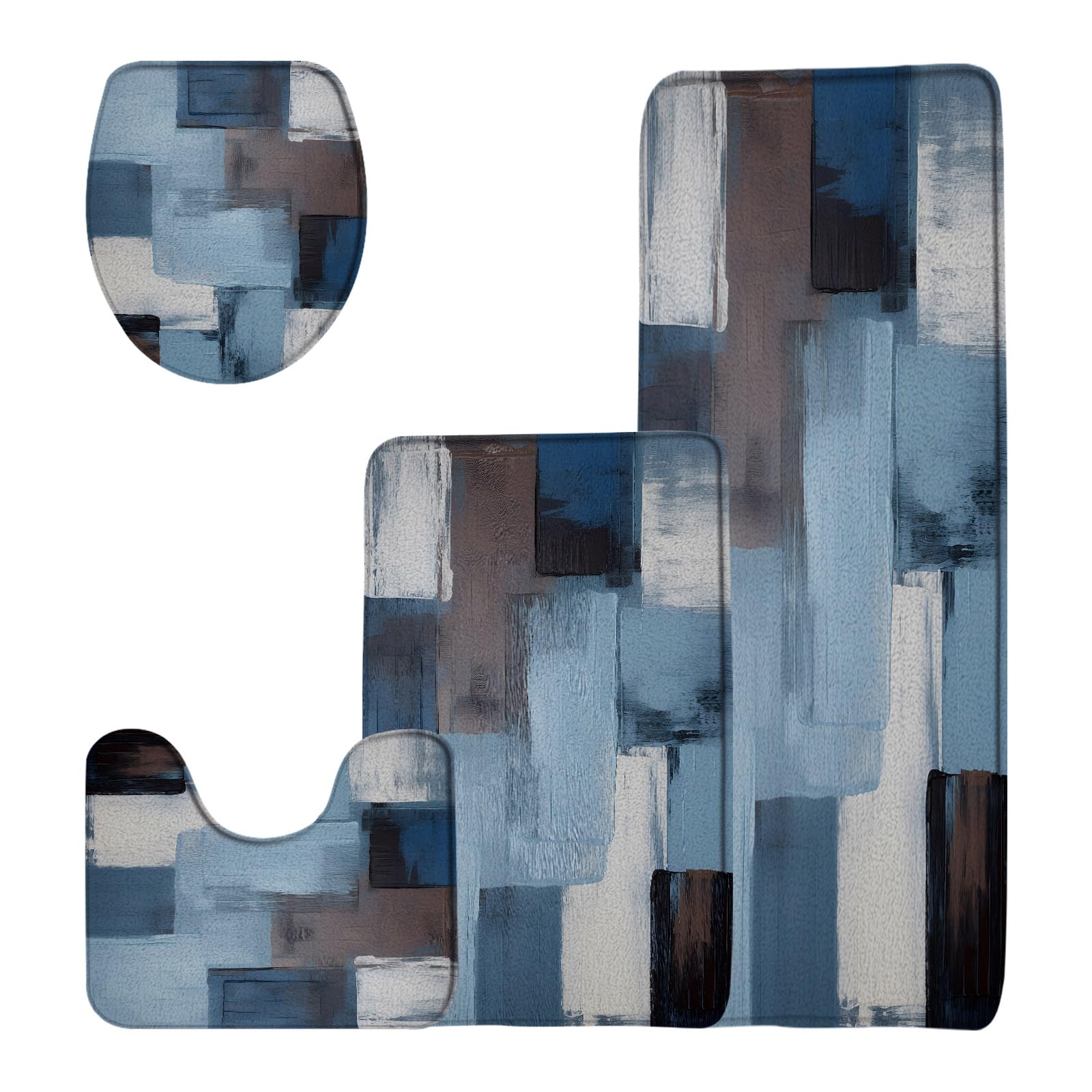 DSMEUE 4 Pieces Bathroom Rug Sets,Blue Gray Brown White Abstract Oil Painting 16"x24"and 18"x30"Bath Mats,Toilet Cover,U-Shaped Toilet Mat