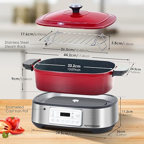 Miniatura 8 de Horno holandés eléctrico, olla de hierro fundido esmaltado de 5.8 cuartos de galón, calentamiento rápido de 1250 W, 6 funciones preestablecidas,