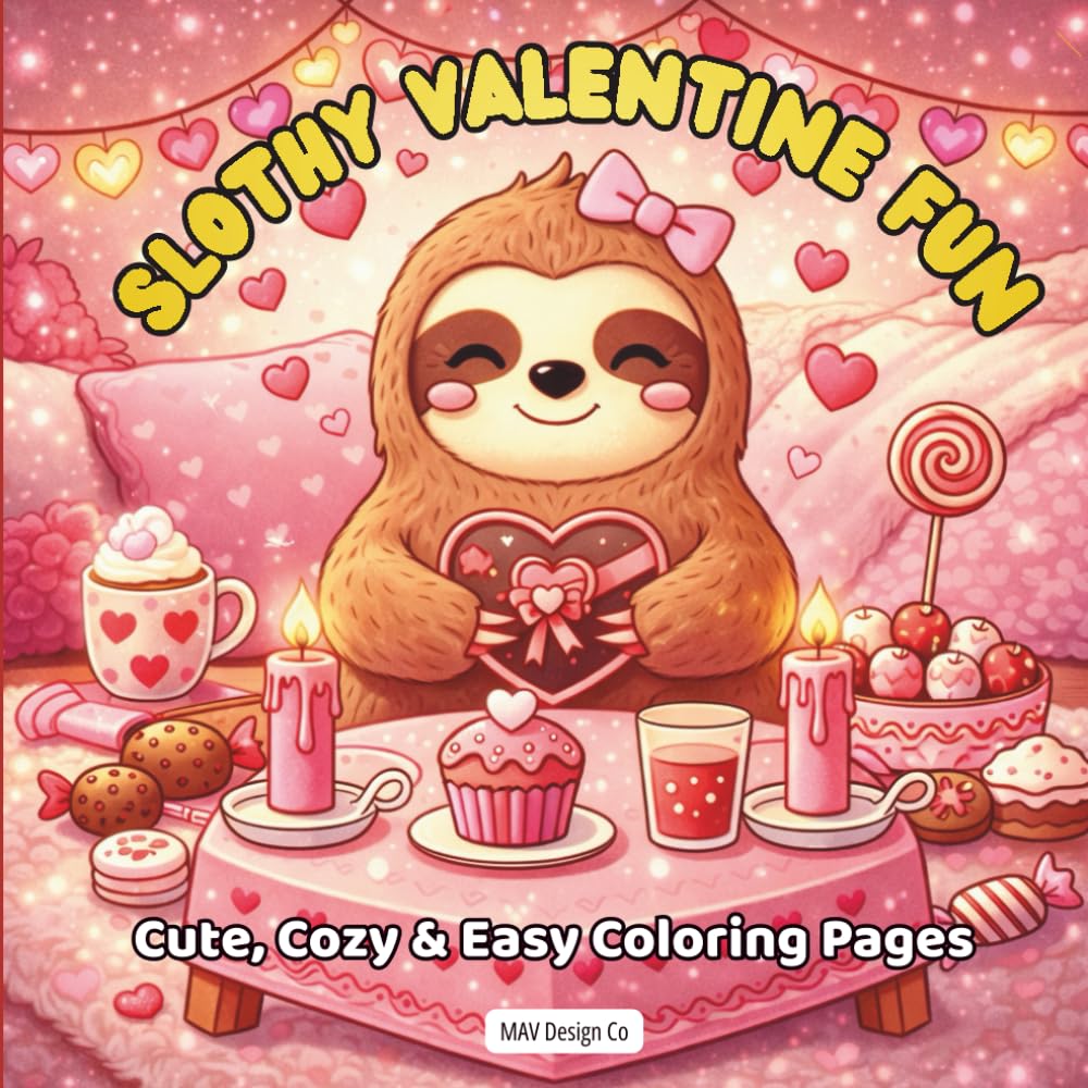 Slothy Valentine Fun, Cute, Cozy and Easy Coloring Pages: Valentine Coloring Book for Kids featuring adorable cuddly sloths, 8.5x8.5 size