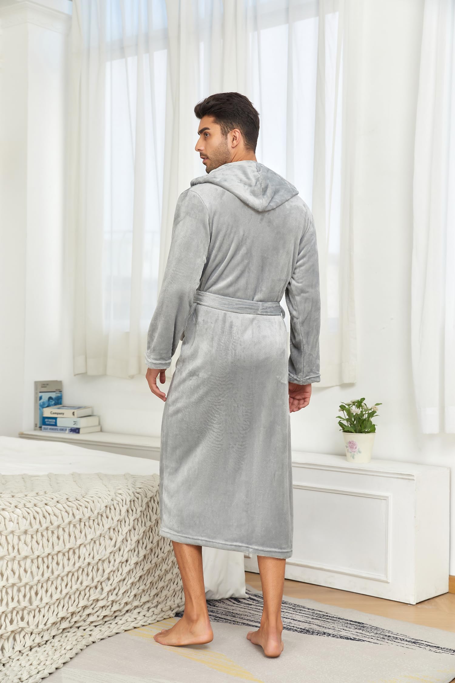 RONGTAI Accappatoio Uomo in Flanella con Cappuccio, Lungo con Cintura - Massimo Calore e Comfort, Ideale per Inverno, Casa, SPA e Regalo