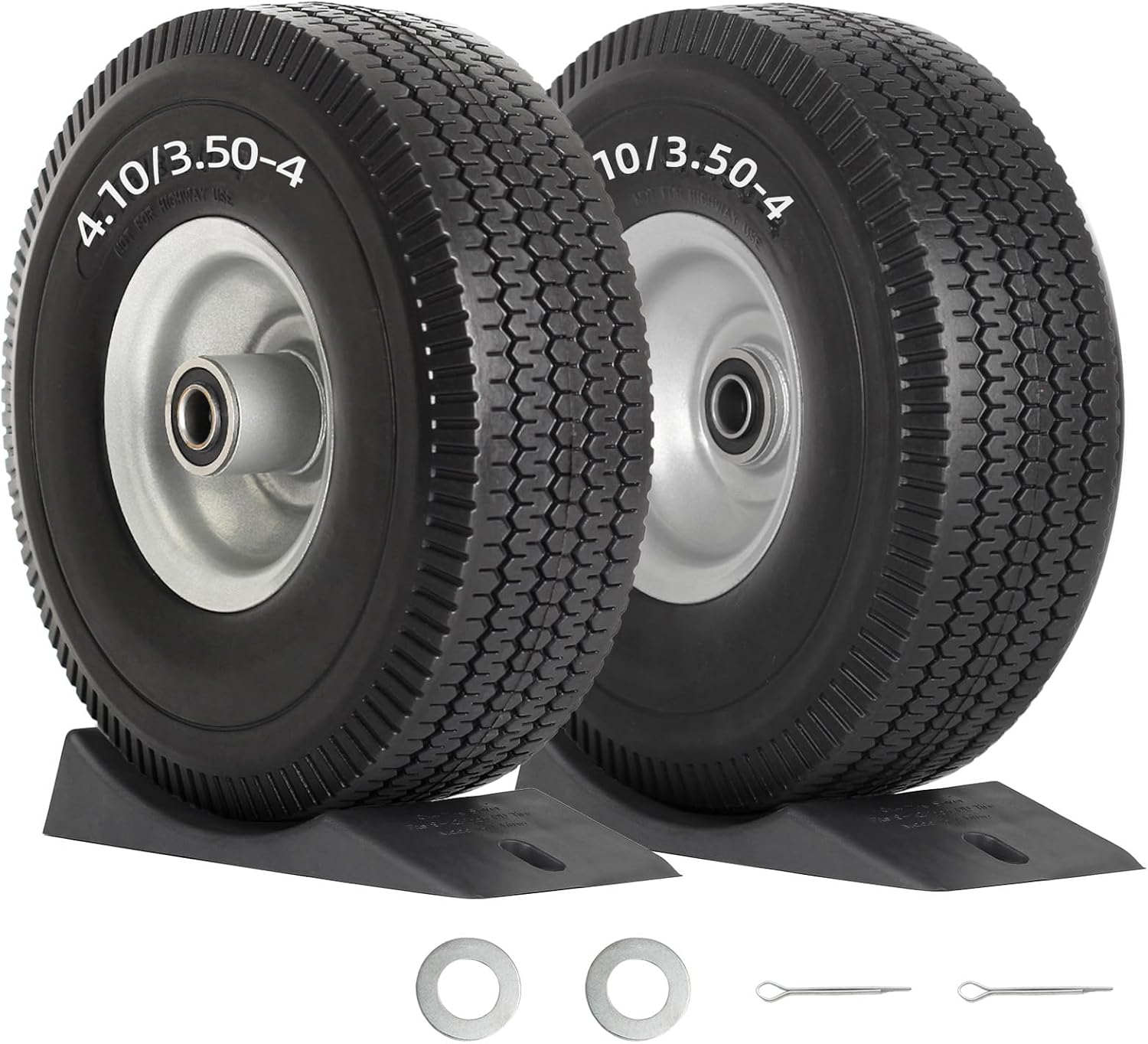 4.10/3.50-4" Flat Free Tire and Wheel, 10" Solid Tire with Saver Ramp, 5/8" Axle Bore Hole, 2.2" Offset Hub for Hand Truck Garden Wagon Cart Trolley Dolly Lawn Mover Replacement