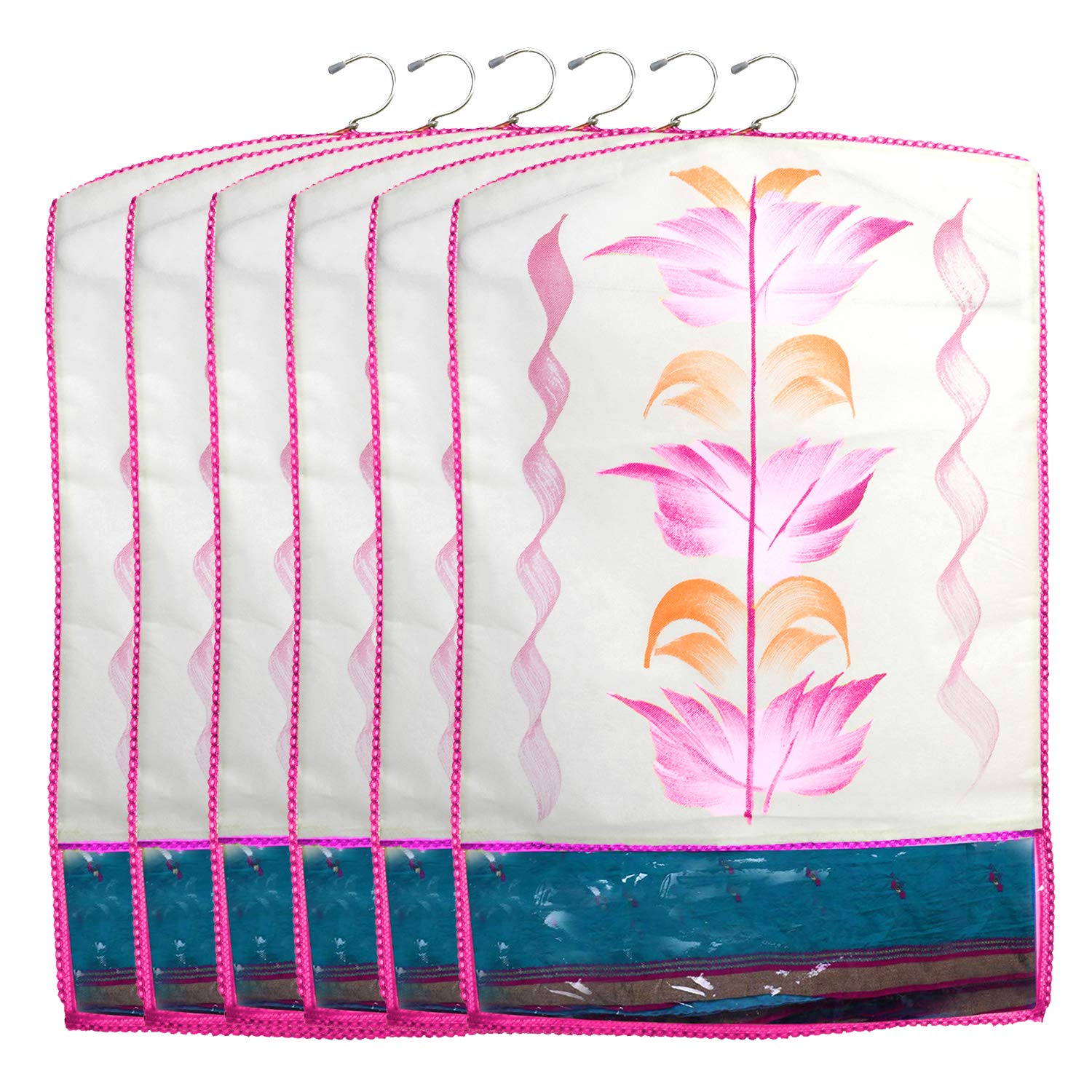 Kuber Industries Printed 6 Piece Non Woven Hanging Saree Cover Wardrobe Organiser (Pink) -CTKTC38930