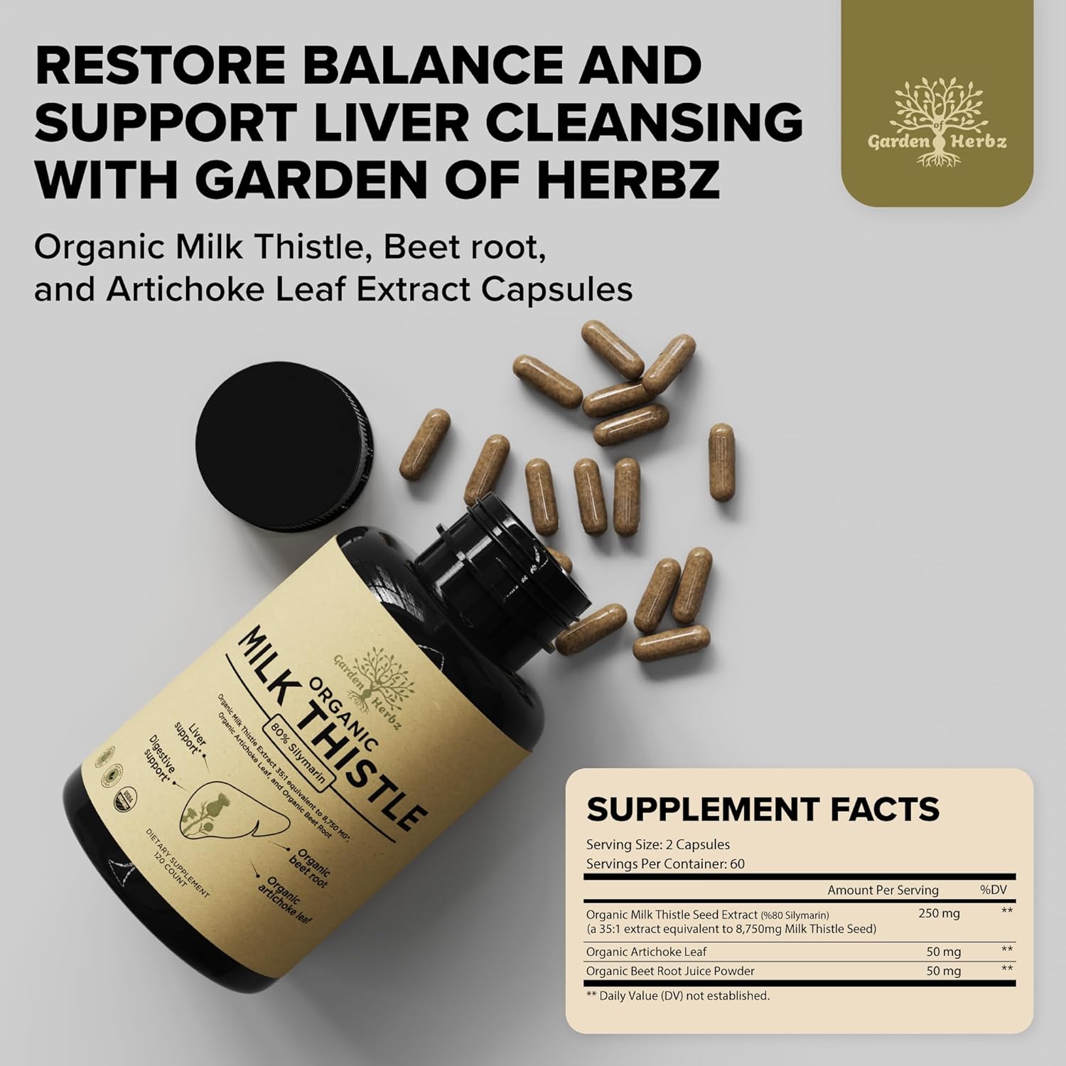 USDA Organic Milk Thistle Supplement 80% Silymarin – 250 mg with Beet Root & Artichoke Leaf Extract – Herbal Formula for Liver and Digestive Support, 120 Capsules - Image 2