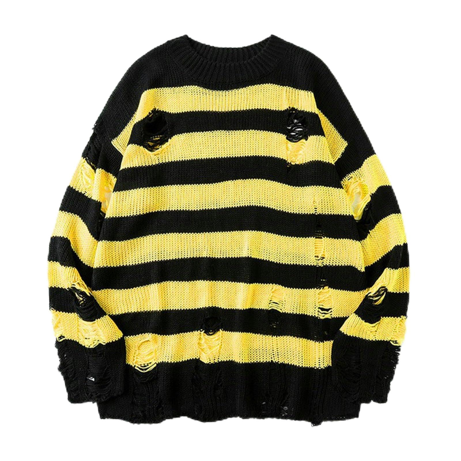 Weiting Men's Yellow Black Striped Sweater Ripped Sweater Pullover Hollow Out Hole Knit Jumpers Punk Unisex Loose Oversized Pullovers Streetwear-Xl