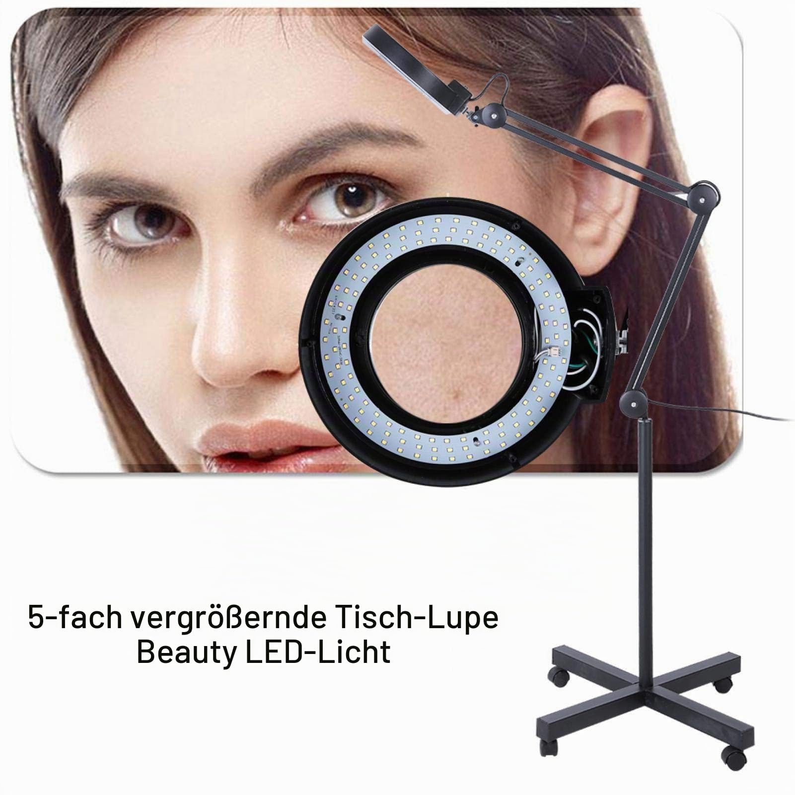 Ejoyous LED Lupenleuchte mit Rolling Standfuß, 5X Dioptrien Verstellbar Bodenstehende Kosmetikleuchte Stehlampe Arbeitsplatzlampe Kosmetik Arbeitsleuchte 220-240V Schwarz