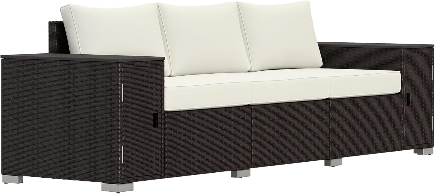 Outsunny 3 Seater Wicker Sofa with 2 Storage Side Tables and Thickened Cushions, Rattan Outdoor Patio Sofa with Wide Armrests, Wicker Outdoor Couch for Porch, Garden, Backyard, Cream White/Brown