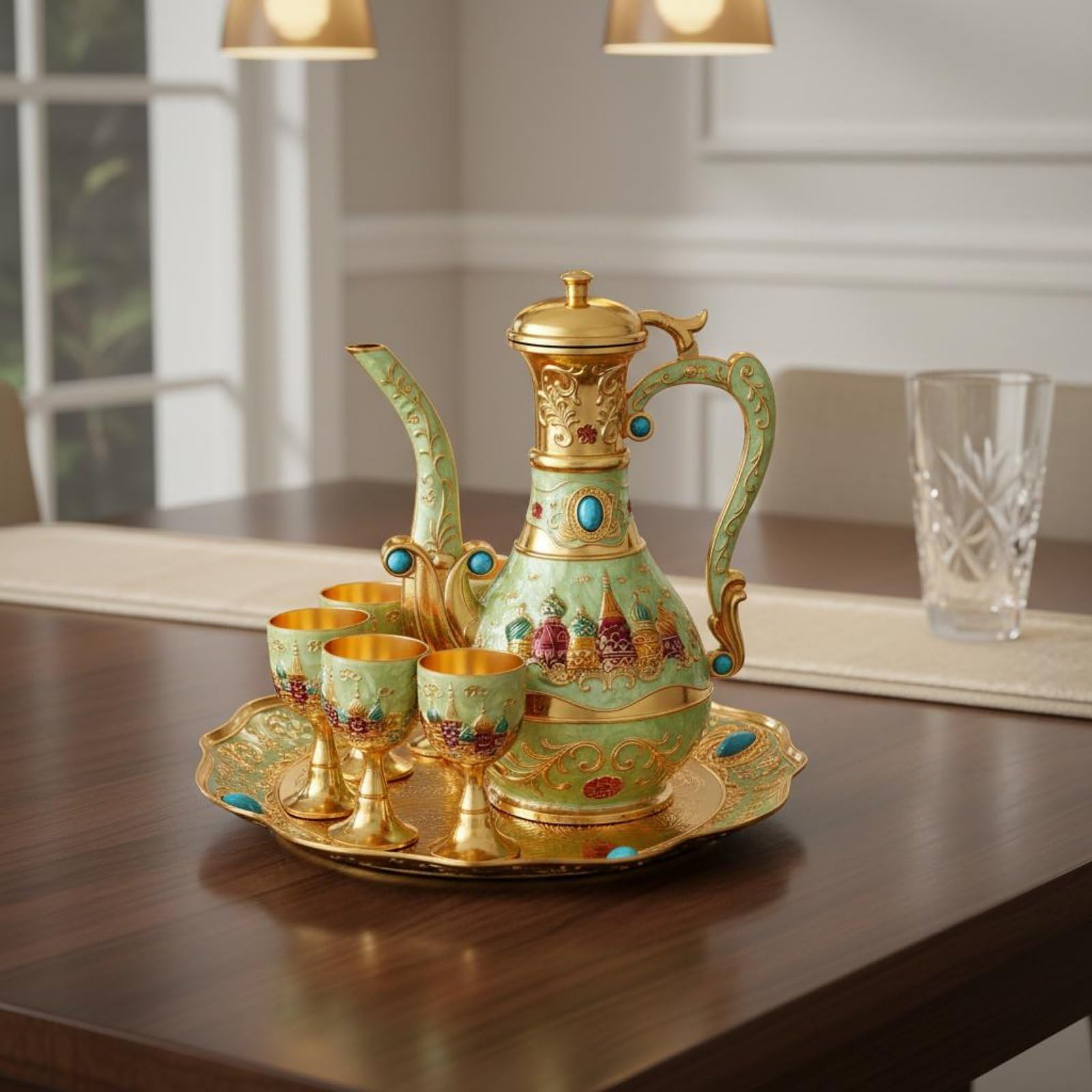 Qianly Bicchiere di Bronzo Set Vassoio Caraffa Bicchieri Calici Set per in Lega di Zinco con Accenti Profondi E Aspetto d'Epoca per Esposizione Elegante E, Antique Copper
