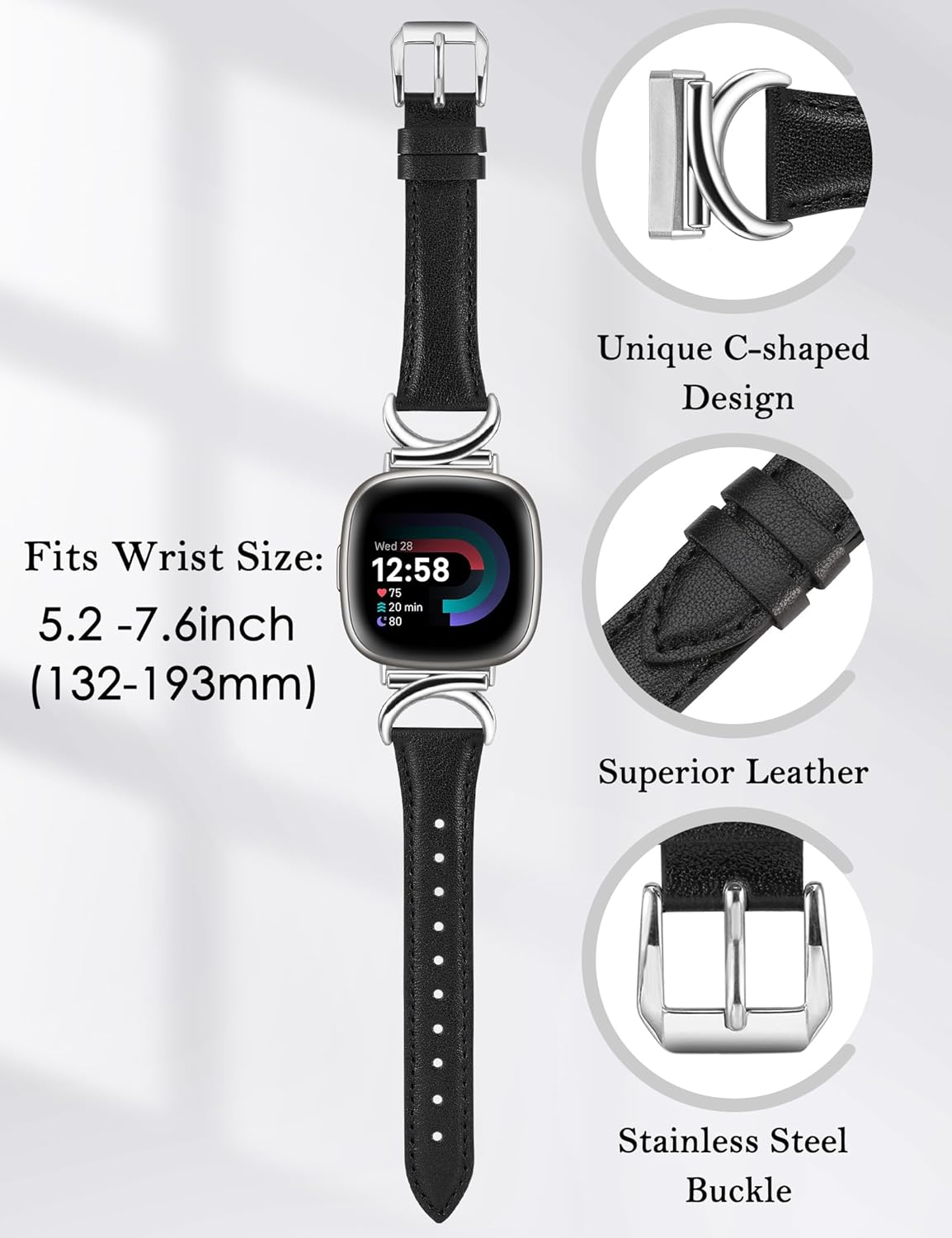 Minyee Leather Bands Compatible with Fitbit Versa 4/Versa 3/Fitbit Sense 2/Sense Band Women, Slim Thin Dressy Designer Premium Leather Strap with C-Shape Metal Buckle for Versa 3 4 Sense 2 Smartwatch