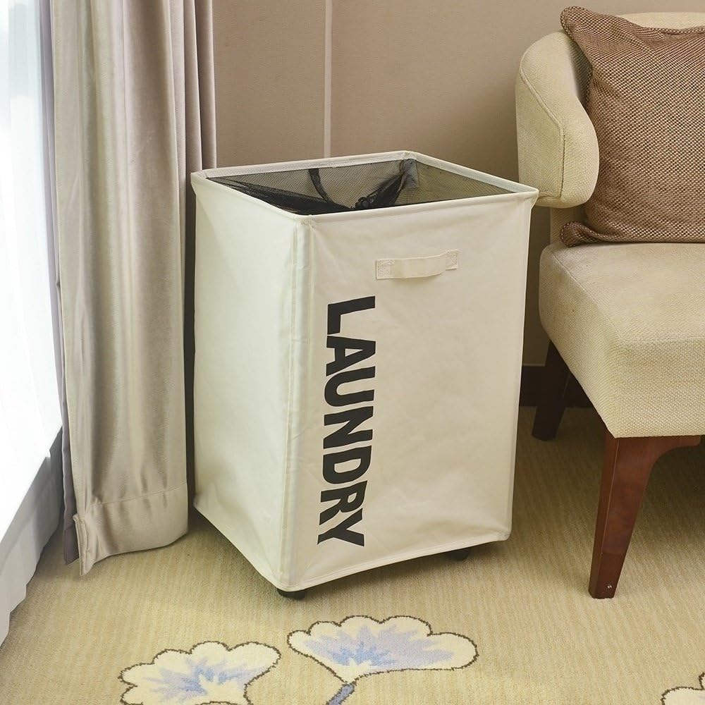 Chrislley Large Laundry Hamper Double Laundry Basket 2 Section Laundry Bag with Handles Foldable Hamper for Laundry Easily Transport Collapsible Clothes Hamper (Beige1)