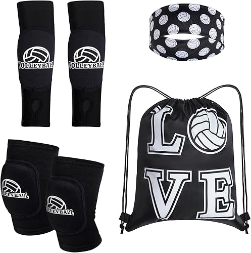 4 accesorios de voleibol Rodilleras juveniles, mangas para brazos, diadema, bolsa con cordón para mujeres, adolescentes, niñas, niños entrenamiento