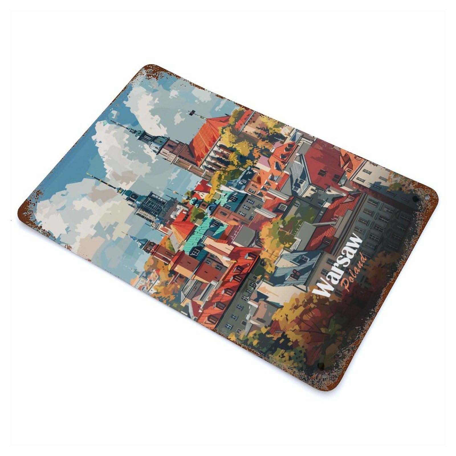 Distressed Metal Wall Sign Warsaw Cityscape 11.8"x7.9", Decorative Metal Wall Art for Farmhouse, Kitchen And Entryway Decor
