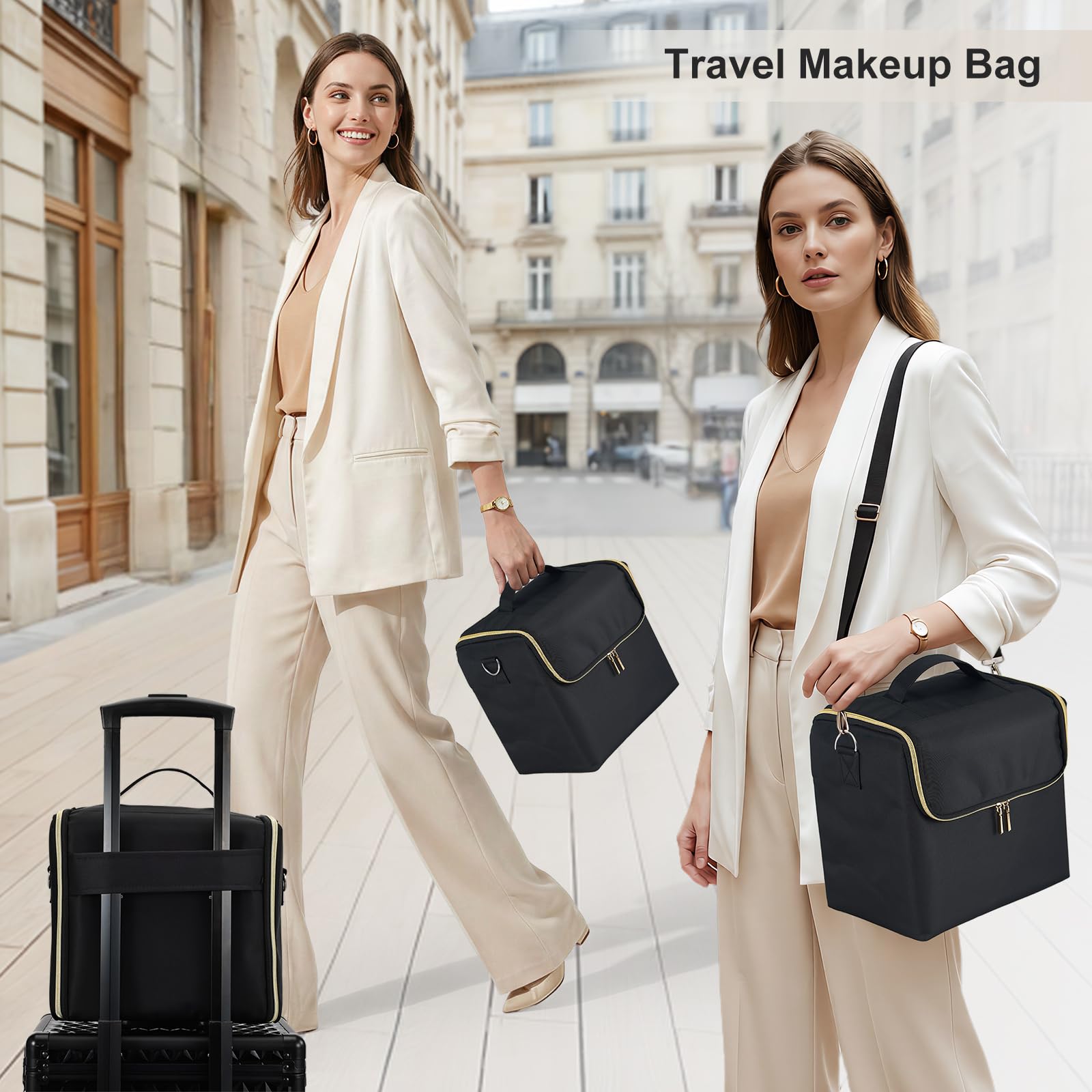 Joligrace Trousse per trucchi e cosmetici, organizer per smalti con tracolla, Oro e nero.