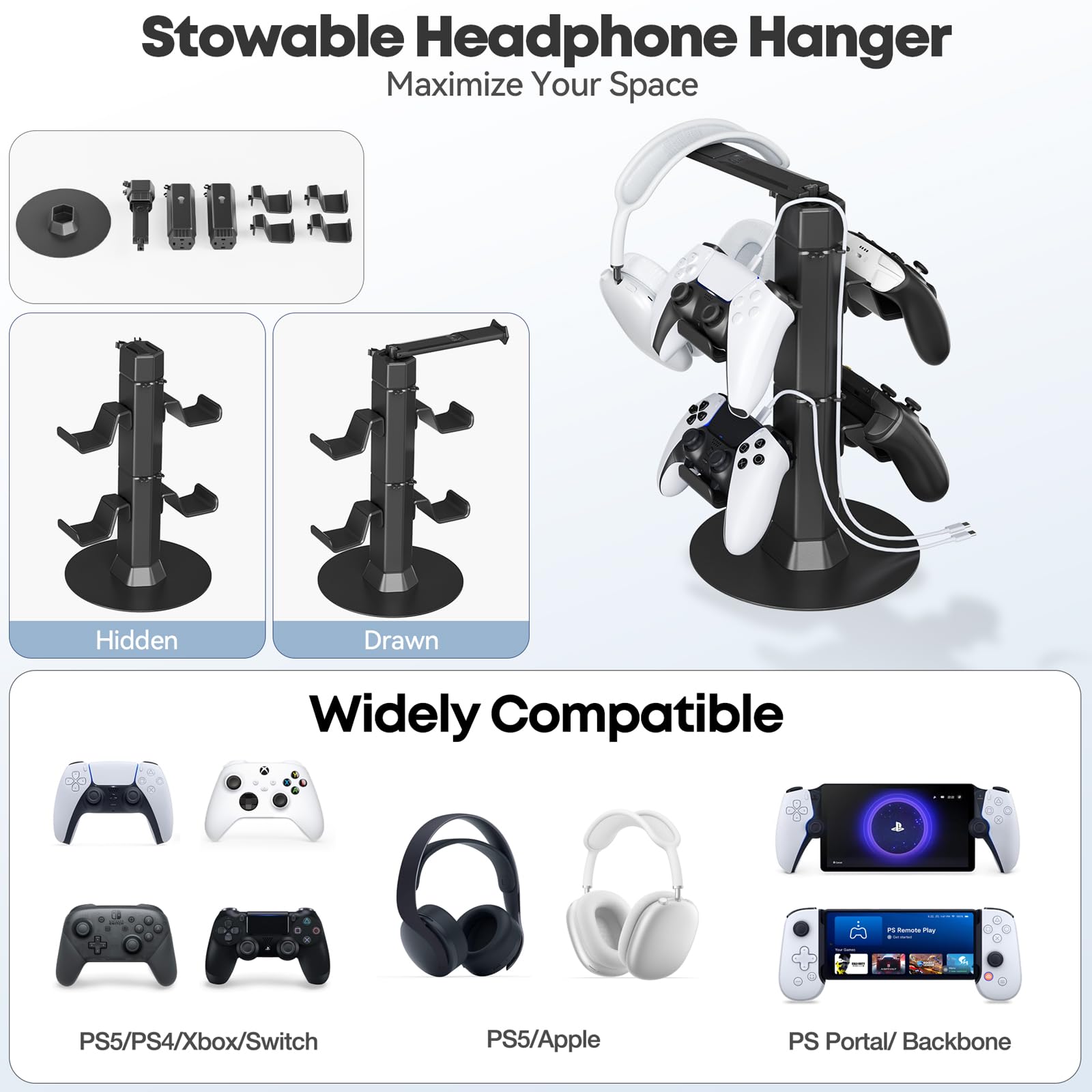 Kosker Support de Manette et Casque pour Bureau à 2 Niveaux, Support Universel pour Casque et Rangement de la Manette avec 4 Crochets